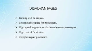 DISADVANTAGES
 Turning will be critical.
 Less movable space for passengers.
 High speed might cause dizziness in some passengers.
 High cost of fabrication.
 Complex repair procedure.
 