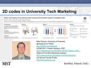 2D codes in University Tech MarketingMike Pascoe, University of Colorado@mpascoe on Twitterhttp://twitter.com/mpascoeACSM 2011 • Poster Handout • PDFhttp://mikepascoe.com/ACSM11/ACSM_Pascoe_2011...Video of Fine-Wire Electrode Insertionhttp://www.youtube.com/watch?v=R1HVGGzz2u0UC Denver Faculty Profilehttp://bit.ly/pascoe_cupt