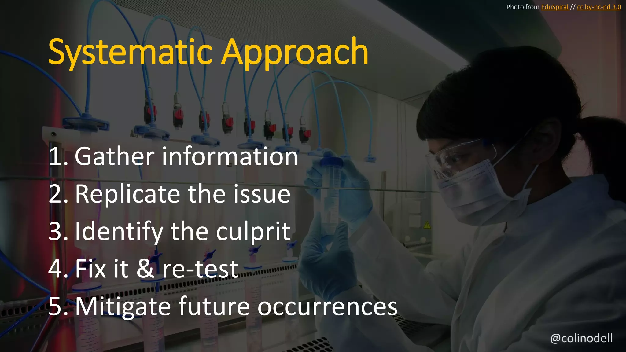 Systematic Approach
1. Gather information
2. Replicate the issue
3. Identify the culprit
4. Fix it & re-test
5. Mitigate future occurrences
Photo from EduSpiral // cc by-nc-nd 3.0
@colinodell
 