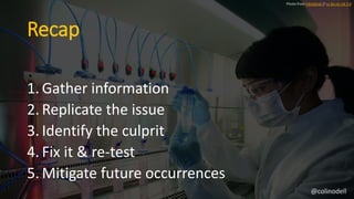 Recap
1. Gather information
2. Replicate the issue
3. Identify the culprit
4. Fix it & re-test
5. Mitigate future occurrences
Photo from EduSpiral // cc by-nc-nd 3.0
@colinodell
 