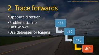 2. Trace forwards
•Opposite direction
•Problematic line
isn’t known
•Use debugger or logging
a()
b()
c()
d()
Photo by Shawn Harquail // cc by-nc 2.0 // https://flic.kr/p/npxFVw
 