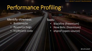 Performance Profiling
Identify slowness:
• Bottlenecks
• Resource hogs
• Inefficient code
Photo by Alan Stark // cc by-sa 2.0 // https://flic.kr/p/dn3qjx
Tools:
• Blackfire (freemium)
• New Relic (freemium)
• xhprof (open-source)
@colinodell
 