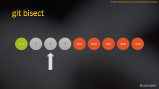 git bisect
v1.7 ? ? ? BAD BAD BAD BAD HEAD
Photo by unbekannt270 // cc by 2.0 // https://flic.kr/p/oHReqm
@colinodell
 
