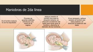 Maniobras de 2da linea
Si el hombro todavía
no se ha expulsado:
Provisto de
guantes estériles
introduzca una
mano en la
vagina;
Aplique presión al
hombro que está en
situación anterior, en
dirección al esternón del
bebé para hacer girar el
hombro y disminuir el
diámetro de los hombros;
Si es necesario, aplique
presión al hombro que
está posterior, en
dirección al esternón del
bebé.
 