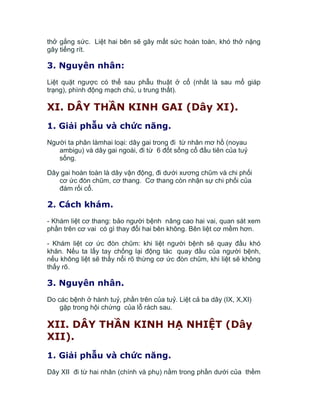 thở gắng sức. Liệt hai bên sẽ gây mất sức hoàn toàn, khó thở nặng
gây tiếng rít.
3. Nguyên nhân:
Liệt quặt ngược có thể sau phẫu thuật ở cổ (nhất là sau mổ giáp
trạng), phình động mạch chủ, u trung thất).
XI. DÂY THẦN KINH GAI (Dây XI).
1. Giải phẫu và chức năng.
Người ta phân làmhai loại: dây gai trong đi từ nhân mơ hồ (noyau
ambigu) và dây gai ngoài, đi từ 6 đốt sống cổ đầu tiên của tuỷ
sống.
Dây gai hoàn toàn là dây vận động, đi dưới xương chũm và chi phối
cơ ức đòn chũm, cơ thang. Cơ thang còn nhận sự chi phối của
đám rối cổ.
2. Cách khám.
- Khám liệt cơ thang: bảo người bệnh nâng cao hai vai, quan sát xem
phần trên cơ vai có gì thay đổi hai bên không. Bên liệt cơ mềm hơn.
- Khám liệt cơ ức đòn chũm: khi liệt người bệnh sẽ quay đầu khó
khăn. Nếu ta lấy tay chống lại động tác quay đầu của người bệnh,
nếu không liệt sẽ thấy nổi rõ thừng cơ ức đòn chũm, khi liệt sẽ không
thấy rõ.
3. Nguyên nhân.
Do các bệnh ở hành tuỷ, phần trên của tuỷ. Liệt cả ba dây (IX, X,XI)
gặp trong hội chứng của lỗ rách sau.
XII. DÂY THẦN KINH HẠ NHIỆT (Dây
XII).
1. Giải phẫu và chức năng.
Dây XII đi từ hai nhân (chính và phụ) nằm trong phần dưới của thềm
 