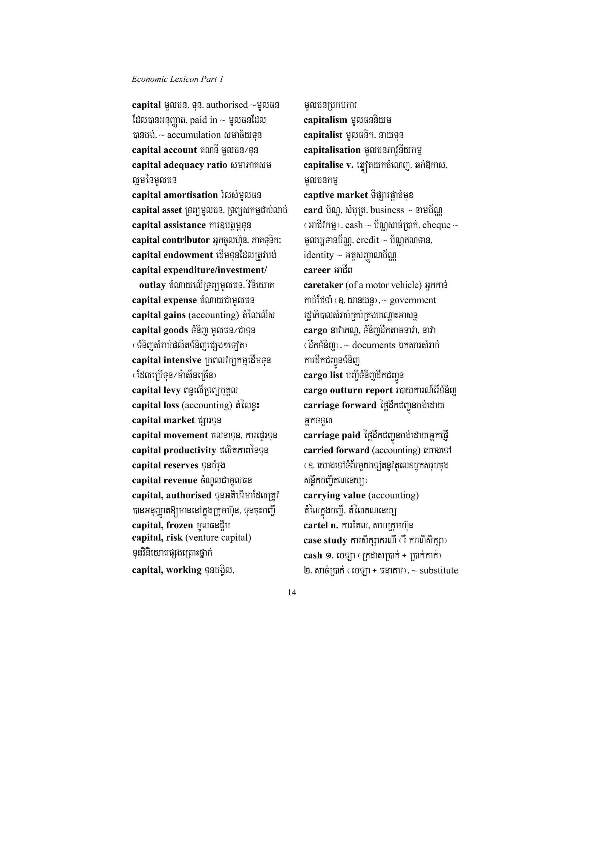 Economic Lexicon Part 1

capital mUlFn/ Tun/ authorised ~mUlFn              mUlFnRbkbkar
Edl)anGnuBaØat/ paid in ~ mUlFnEdl                 capitalism mUlFnniym
)anbg;/ ~ accumulation smac½yTun                   capitalist mUlFnik/ nayTun
capital account KNnI mUlFn¼Tun                     capitalisation mUlFnPavUnIykmµ
capital adequacy ratio smaPaKsm                    capitalise v. eqøótykcMeNj/ qk;»kas/
lµménmUlFn                                         mUlFnkmµ
capital amortisation rMls;mUlFn                    captive market TIpSarpþac;mux
capital asset RTBümUlFn/ RTBüskmµCab;lab;          card b½NÐ/ sMbuRt/ business ~ namb½NÑ
capital assistance kar]btßmÖTun                    ¬GaCIvkmµ¦/ cash ~ b½NÑsac;R)ak;/ cheque ~
capital contributor GñkcUlh‘un/ PaKTunik³          mUlb,Tanb½NÑ/ credit ~ b½NÑNTan/
capital endowment edImTunEdlRtUvbg;                identity ~ GtþsBaØaNb½NÑ
capital expenditure/investment/                    career GaCIB
  outlay cMNayelIRTBümUlFn/ vinieyaK               caretaker (of a motor vehicle) Gñkkan;
capital expense cMNayCamUlFn                       kab;EfTaM ¬]> yanynþ¦/ ~ government
capital gains (accounting) tMélelIs                rdæaPi)alsMrab;RKb;RKgbeNþaHGasnñ
capital goods TMnij mUlFn¼CaTun                    cargo navaPNÐ/ TMnijdwktamnava/ nava
¬TMnijsMrab;plitTMnijepSg²eTot¦                    ¬dwkTMnij¦/ ~ documents ÉksarsMrab;
capital intensive RbBlvb,kmµedImTun                kardwkCBa¢ÚnTMnij
¬EdleRbITun¼m:asIuneRcIn¦                          cargo list bBa¢ITMnijdwkCBa¢Ún
capital levy Bn§elIRTBübuKÁl                       cargo outturn report r)aykarN_erITMnij
capital loss (accounting) tMélxVH                  carriage forward éfødwkCBa¢Únbg;eday
capital market pSarTun                             GñkTTYl
capital movement clnaTun/ karepÞrTun               carriage paid éfødwkCBa¢Únbg;edayGñkepJI
capital productivity plitPaBénTun                  carried forward (accounting) eyageTA
capital reserves TunbMrug                          ¬]> eyageTATMB½rmYyeTotnUvtYelxbUksrubcug
capital revenue cMNUlCamUlFn                       snøwkbBa¢IKNenyü¦
capital, authorised TunGtibrimaEdlRtUv             carrying value (accounting)
)anGnuBaØat[manenAkñúgRkumh‘un/ TuncuHbBa¢I        tMélkñúgbBa¢I/ tMélKNenyü
capital, frozen mUlFnpw¥b                          cartel n. karEtl/ shRkumh‘un
capital, risk (venture capital)                    case study karsikSakrNI ¬rW krNIsikSa¦
TunvinieyaKpSgeRKaHfñak;                           cash 1> ebLa ¬RkdasR)ak; + R)ak;kak;¦
capital, working TunbgVil/                         2> sac;R)ak; ¬ebLa + FnaKar¦/ ~ substitute
                                              14
 
