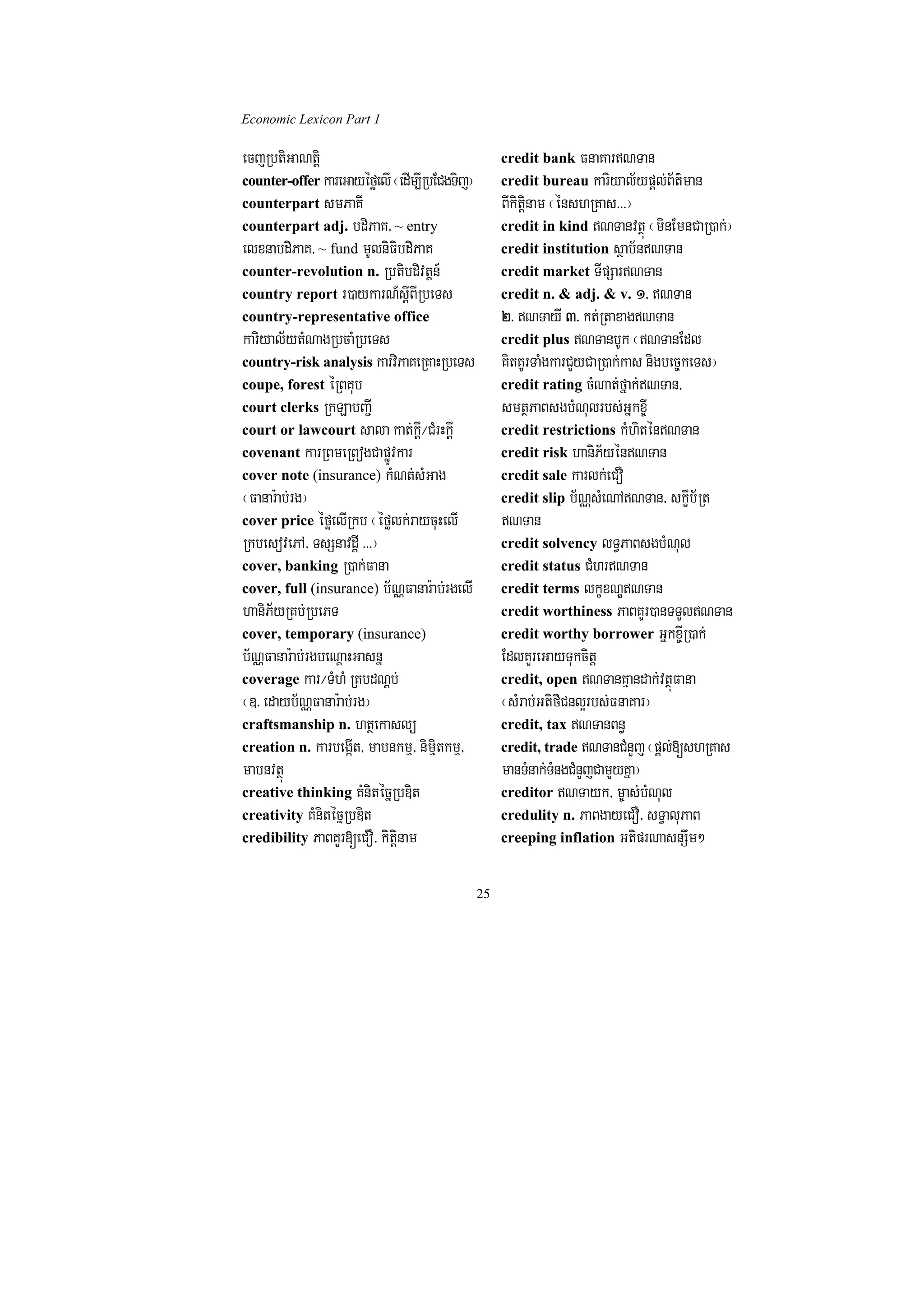 Economic Lexicon Part 1

ecjRbtiGaNtþi                                       credit bank FnaKarNTan
counter-offer kareGayéføelI ¬edIm,IRbECgTij¦        credit bureau kariyal½ypþl;B½t’man
counterpart smPaKI                                  BIkitþinam ¬énshRKas>>>¦
counterpart adj. bdiPaK/ ~ entry                    credit in kind NTanvtßú ¬minEmnCaR)ak;¦
elxnabdiPaK/ ~ fund mUlniFibdiPaK                   credit institution sßab½nNTan
counter-revolution n. Rbtibdivtþn_                  credit market TIpSarNTan
country report r)aykarN_sþIBIRbeTs                  credit n. & adj. & v. 1> NTan
country-representative office                       2> NTayI 3> kt;RtaxagNTan
kariyal½ytMNagRbcaMRbeTs                            credit plus NTanbUk ¬NTanEdl
country-risk analysis karviPaKeRKaHRbeTs            KitKUrTaMgkarCYyCaR)ak;kas nigbec©keTs¦
coupe, forest éRBKub                                credit rating cMNat;fñak;NTan/
court clerks RkLabBa¢I                              smtßPaBsgbMNulrbs;Gñkx©I
court or lawcourt sala kat;kþI¼CMrHkþI              credit restrictions kMhiténNTan
covenant karRBmeRBogCapøÚvkar                       credit risk haniP½yénNTan
cover note (insurance) kMNt;sMGag                   credit sale karlk;eCO
¬Fanar:ab;rg¦                                       credit slip b½NÑsMeNANTan/ skçIb½Rt
cover price éføelIRkb ¬éfølk;raycuHelI              NTan
RkbesovePA/ TsSnavdþI >>>¦                          credit solvency lT§PaBsgbMNul
cover, banking R)ak;Fana                            credit status CMhrNTan
cover, full (insurance) b½NÑFanar:ab;rgelI          credit terms lkçxNÐNTan
haniP½yRKb;RbePT                                    credit worthiness PaBKYr)anTTYlNTan
cover, temporary (insurance)                        credit worthy borrower Gñkx©IR)ak;
b½NÑFanar:ab;rgbeNþaHGasnñ                          EdlKYreGayTukcitþ
coverage kar¼TMhM RKbdNþb;                          credit, open NTanKµandak;vtßúFana
¬]> edayb½NÑFanar:ab;rg¦                            ¬sMrab;GtifiCnl¥rbs;FnaKar¦
craftsmanship n. htßekaslü                          credit, tax NTanBn§
creation n. karbegáIt/ mabnkmµ/ nimiµtkmµ/          credit, trade NTanCMnYj ¬pþl;[shRKas
mabnvtßú                                            manTMnak;TMngCMnYjCamYyKña¦
creative thinking KMnitécñRbDit                     creditor NTayk/ m©as;bMNul
creativity KMnitécñRbDit                            credulity n. PaBgayeCO/ sT§aluPaB
credibility PaBKYr[eCO/ kitþinam                    creeping inflation GtiprNasnSwm²


                                               25
 