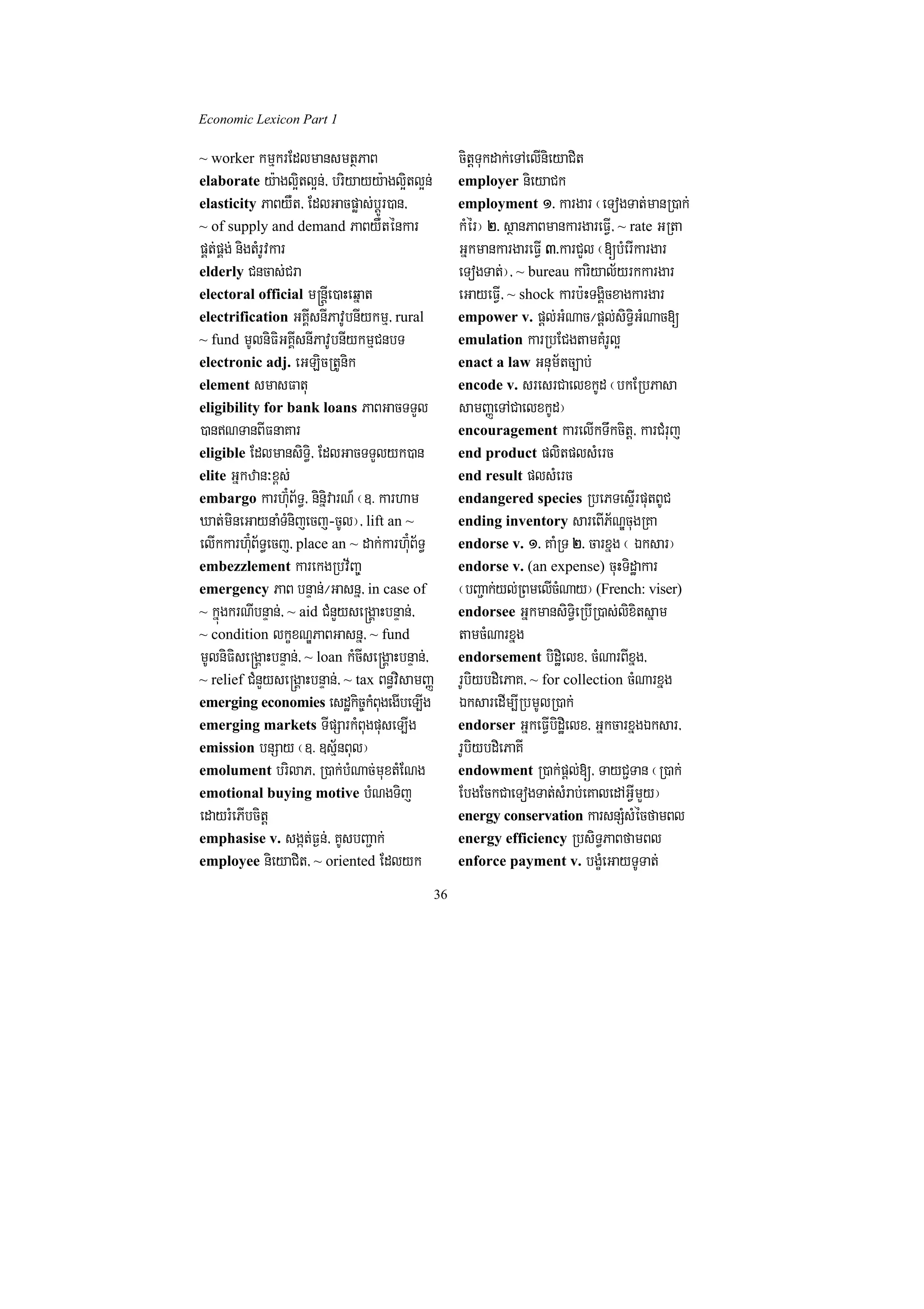 Economic Lexicon Part 1

~ worker kmµkrEdlmansmtßPaB                            citþTukdak;eTAelInieyaCit
elaborate y:agl¥itl¥n;/ briyayy:agl¥itl¥n;             employer nieyaCk
elasticity PaByWt/ EdlGacpøas;bþÚr)an/                 employment 1> kargar ¬eTogTat;manR)ak;
~ of supply and demand PaByWténkar                     kMér¦ 2> sßanPaBmankargareFVI/ ~ rate GRta
pÁt;pÁg; nigtMrUvkar                                   GñkmankargareFVI 3>karCYl ¬[bMerIkargar
elderly Cncas;Cra                                      eTogTat;¦/ ~ bureau kariyal½yrkkargar
electoral official m®nþIe)aHeqñat                      eGayeFVI/ ~ shock karb:HTgÁicxagkargar
electrification GKÁIsnIPavUbnIykmµ/ rural              empower v. pþl;GMNac¼pþl;siT§iGMNac[
~ fund mUlniFiGKÁIsnIPavUbnIykmµCnbT                   emulation karRbECgtamKMrUl¥
electronic adj. eGLicRtUnik                            enact a law Gnum½tc,ab;
element smasFatu                                       encode v. sresrCaelxkUd ¬bkERbPasa
eligibility for bank loans PaBGacTTYl                  samBaØeTACaelxkUd¦
)anNTanBIFnaKar                                       encouragement karelIkTwkcitþ/ karCMruj
eligible EdlmansiT§i/ EdlGacTTYlyk)an                  end product plitplsMerc
elite Gñkzan³x<s;                                      end result plsMerc
embargo karh‘¿uB½T§/ ninñivarN_ ¬]> karham             endangered species RbePTesÞIrputBUC
Xat;mineGaynaMTMnijecj-cUl¦/ lift an ~                 ending inventory sareBIP½NÐcugRKa
elIkkarh‘¿uB½T§ecj/ place an ~ dak;karh‘¿uB½T§         endorse v. 1> KaMRT 2> carxñg ¬ Éksar¦
embezzlement karekgRbv½Ba©                             endorse v. (an expense) cuHTidæakar
emergency PaB bnÞan;¼Gasnñ/ in case of                 ¬bBa¢ak;yl;RBmelIcMNay¦ (French: viser)
~ kñúgkrNIbnÞan;/ ~ aid CMnYyse®gÁaHbnÞan;/            endorsee GñkmansiT§ieRbIR)as;lixitsñam
~ condition lkçxNÐPaBGasnñ/ ~ fund                     tamcMNarxñg
mUlniFise®gÁaHbnÞan;/ ~ loan kMcIse®gÁaHbnÞan;/        endorsement bidæielx/ cMNarBIxñg/
~ relief CMnYyse®gÁaHbnÞan;/ ~ tax Bn§visamBaØ         rUbiybdiePaK/ ~ for collection cMNarxñg
emerging economies esdækic©kMBugegIbeT,Ig              ÉksaredIm,IRbmUlR)ak;
emerging markets TIpSarkMBugpuseT,Ig                   endorser GñkeFVIbidæielx/ GñkcarxñgÉksar/
emission bnSay ¬]> ]sµ½nBul¦                           rUbiybdiePaKI
emolument brilaP/ R)ak;bMNac;muxtMENg                  endowment R)ak;pþl;[/ TayC¢Tan ¬R)ak;
emotional buying motive bMNgTij                        EbgEckCaeTogTat;sMrab;eKaledAGVImYy¦
edayrMePIbcitþ                                         energy conservation karsnSMsMécfamBl
emphasise v. sgát;F¶n;/ KUsbBa¢ak;                     energy efficiency RbsiT§PaBfamBl
employee nieyaCit/ ~ oriented Edlyk                    enforce payment v. bgçMeGayTUTat;

                                                  36
 
