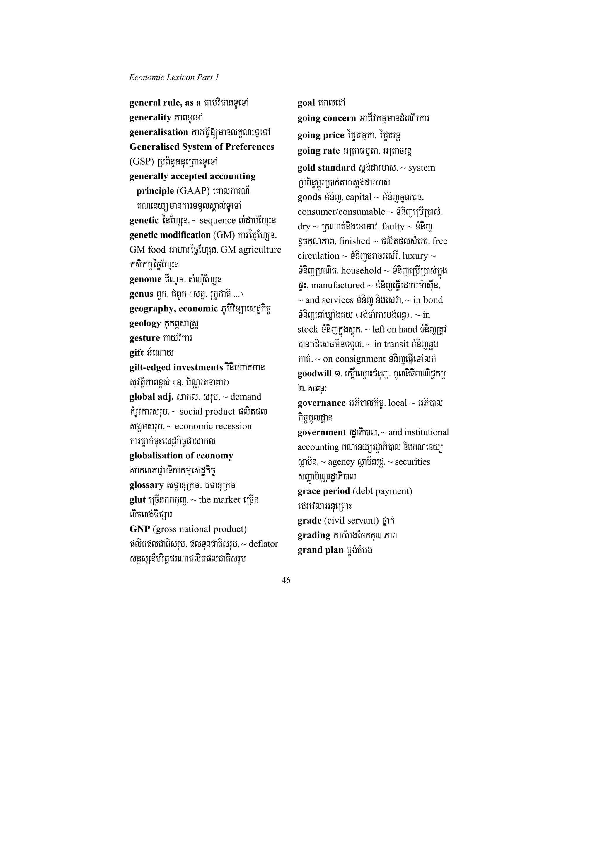 Economic Lexicon Part 1

general rule, as a tamviFanTUeTA                 goal eKaledA
generality PaBTUeTA                              going concern GaCIvkmµmandMeNIrkar
generalisation kareFVI[manlkçN³TUeTA             going price éføFmµta/ éføcrnþ
Generalised System of Preferences                going rate GRtaFmµta/ GRtacrnþ
(GSP) RbB½n§GnueRKaHTUeTA
                                                 gold standard sþg;darmas/ ~ system
generally accepted accounting
                                                 RbB½n§bþÚrR)ak;tamsþg;darmas
  principle (GAAP) eKalkarN_
                                                 goods TMnij/ capital ~ TMnijmUlFn/
   KNenyümankarTTYlsÁal;TUeTA                    consumer/consumable ~ TMnijeRbIR)as;/
genetic énEhSn/ ~ sequence lMdab;EhSn
                                                 dry ~ RkNat;nigexaGav/ faulty ~ TMnij
genetic modification (GM) karécñµEhSn/
                                                 xUcKuNPaB/ finished ~ plitplsMerc/ free
GM food GaharécñEhSn/ GM agriculture
                                                 circulation ~ TMnijcracresrI/ luxury ~
ksikmµécñEhSn                                    TMnijRbNit/ household ~ TMnijeRbIR)as;kñúg
genome CINUm/ sMNMuEhSn
                                                 pÞH/ manufactured ~ TMnijeFVIedaym:asuIn/
genus BYk/ CMBUk ¬stV/ rukçCati >>>¦
                                                 ~ and services TMnij nigesva/ ~ in bond
geography, economic PUmiviTüaesdækic©
                                                 TMnijenAXøaMgKy ¬rg;caMkarbg;Bn§¦/ ~ in
geology PUKBÖsaRsþ
                                                 stock TMnijkñúgsþúk/ ~ left on hand TMnijRtUv
gesture kayvikar
                                                 )anbdiesFminTTYl/ ~ in transit TMnijqøg
gift GMeNay
                                                 kat;/ ~ on consignment TMnijepJIeTAlk;
gilt-edged investments vinieyaKman
                                                 goodwill 1> ekrþ×eQµaHCMnYj/ mUlniFiBaNiC¢kmµ
suvtßiPaBx<s; ¬]> b½NÑrtnaKar¦                   2> suqnÞ³
global adj. sakl/ srub/ ~ demand
                                                 governance GPi)alkic©/ local ~ GPi)al
tMrUvkarsrub/ ~ social product plitpl            kic©mUldæan
sgÁmsrub/ ~ economic recession                   government rdæaPi)al/ ~ and institutional
karFøak;cuHesdækic©Casakl                        accounting KNenyürdæaPi)al nigKNenyü
globalisation of economy
                                                 sßab½n/ ~ agency sßab½nrdæ/ ~ securities
saklPavUbnIykmµesdækic©                          sBaØab½NÑrdæaPi)al
glossary sTÞanuRkm/ bTanuRkm
                                                 grace period (debt payment)
glut eRcInkkkuj/ ~ the market eRcIn
                                                 efrevlaGnueRKaH
liclg;TIpSar                                     grade (civil servant) fñak;
GNP (gross national product)
                                                 grading karEbgEckKuNPaB
plitplCatisrub/ plTunCatisrub/ ~ deflator        grand plan bøg;cMbg
snÞsSn_britþprNaplitplCatisrub
                                            46
 