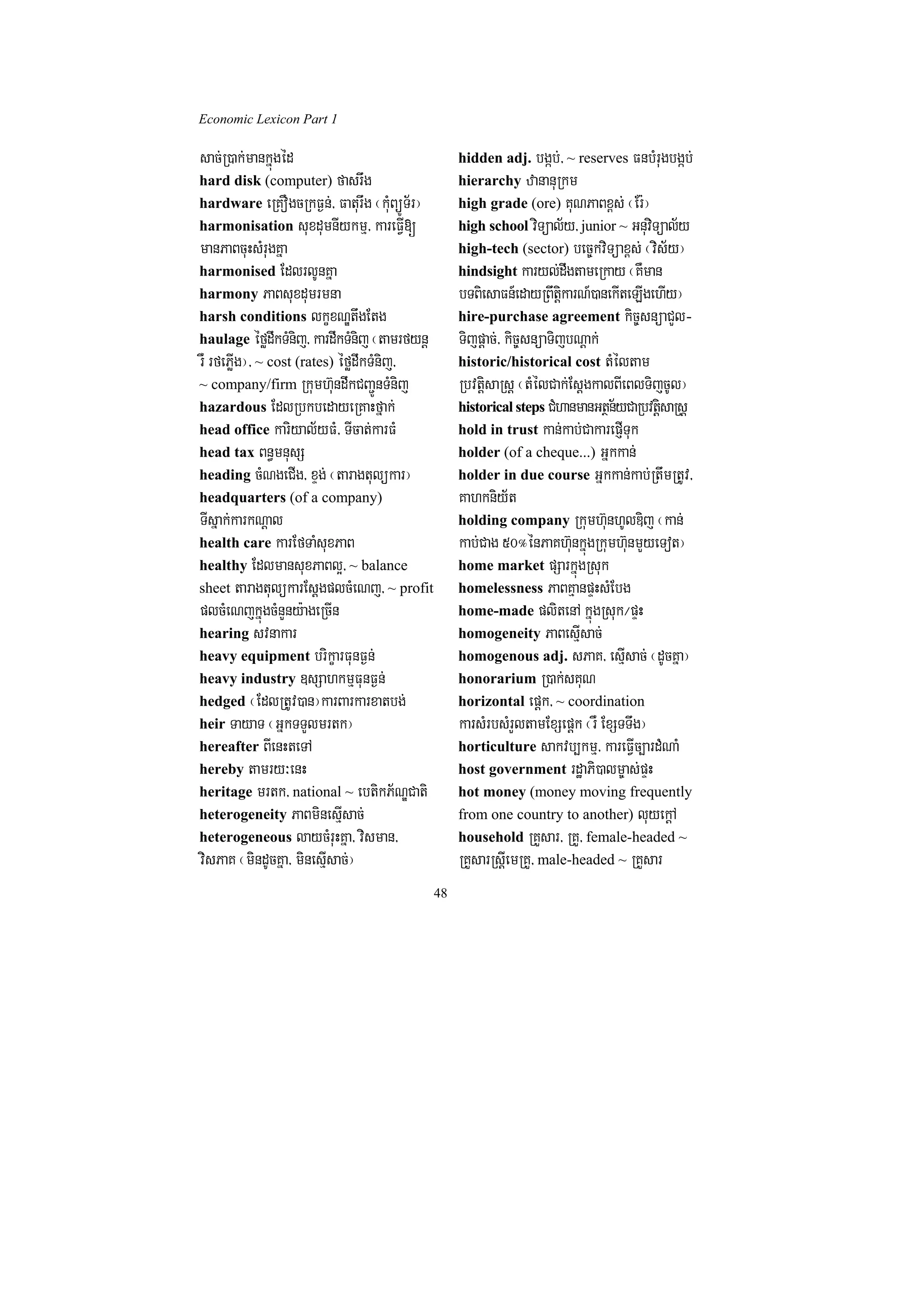 Economic Lexicon Part 1

sac;R)ak;mankñúgéd                                hidden adj. bgáb;/ ~ reserves FnbMrugbgáb;
hard disk (computer) fasrwg                       hierarchy zananuRkm
hardware eRKOgcRkF¶n;/ Faturwg ¬kMuBüÚT½r¦        high grade (ore) KuNPaBx<s; ¬Er:¦
harmonisation suxdumnIykmµ/ kareFVI[              high school viTüal½y/ junior ~ GnuviTüal½y
manPaBcuHsMrugKña                                 high-tech (sector) bec©kviTüax<s; ¬vis½y¦
harmonised EdlrlUnKña                             hindsight karyl;dwgtameRkay ¬KWman
harmony PaBsuxdumrmna                             bTBiesaFn_edayRBwtkarN_)anekIteLIgehIy¦
                                                                    iþ
harsh conditions lkçxNÐtwgEtg                     hire-purchase agreement kic©snüaCYl-
haulage éfødwkTMnij/ kardwkTMnij ¬tamrfynþ        Tijpþac;/ kic©snüaTijbNþak;
rW rfePøIg¦/ ~ cost (rates) éfødwkTMnij/          historic/historical cost tMéltam
~ company/firm Rkumh‘undwkCBa¢ÚnTMnij             RbvtþisaRsþ ¬tMélCak;EsþgkalBIeBlTijcUl¦
hazardous EdlRbkbedayeRKaHfñak;                   historical steps CMhanmanGtßn½yCaRbvtþisaRsþ
head office kariyal½yFM/ TIcat;karFM              hold in trust kan;kab;CakarepJITuk
head tax Bn§mnusS                                 holder (of a cheque...) Gñkkan;
heading cMNgeCIg/ xÞg; ¬taragtulükar¦             holder in due course Gñkkan;kab;RtwmRtUv/
headquarters (of a company)                       Kahkniy½t
TIsñak;karkNþal                                   holding company Rkumh‘unhUlDij ¬kan;
health care karEfTaMsuxPaB                        kab;Cag 50°énPaKh‘unkñúgRkumh‘unmYyeTot¦
healthy EdlmansuxPaBl¥/ ~ balance                 home market pSarkñúgRsuk
sheet taragtulükarEsþgplcMeNj/ ~ profit           homelessness PaBKµanpÞHsMEbg
plcMeNjkñúgcMnYny:ageRcIn                         home-made plitenA kñúgRsuk¼pÞH
hearing svnakar                                   homogeneity PaBesµIsac;
heavy equipment brikçarFunF¶n;                    homogenous adj. sPaK/ esµIsac; ¬dUcKña¦
heavy industry ]sSahkmµFunF¶n;                    honorarium R)ak;sKuN
hedged ¬EdlRtUv)an¦karBarkarxatbg;                horizontal epþk/ ~ coordination
heir TayaT ¬GñkTTYlmrtk¦                          karsMrbsMrYltamExSepþk ¬rW ExSTTwg¦
hereafter BIenHteTA                               horticulture sakvb,kmµ/ kareFVIc,ardMNaM
hereby tamry³enH                                  host government rdæaPi)alm©as;pÞH
heritage mrtk/ national ~ ebtikP½NÐCati           hot money (money moving frequently
heterogeneity PaBminesµIsac;                      from one country to another) luyekþA
heterogeneous laycMruHKña/ visman/                household RKYsar/ RKY/ female-headed ~
visPaK ¬mindUcKña/ minesµIsac;¦                   RKYsarRsþIemRKY/ male-headed ~ RKYsar
                                             48
 