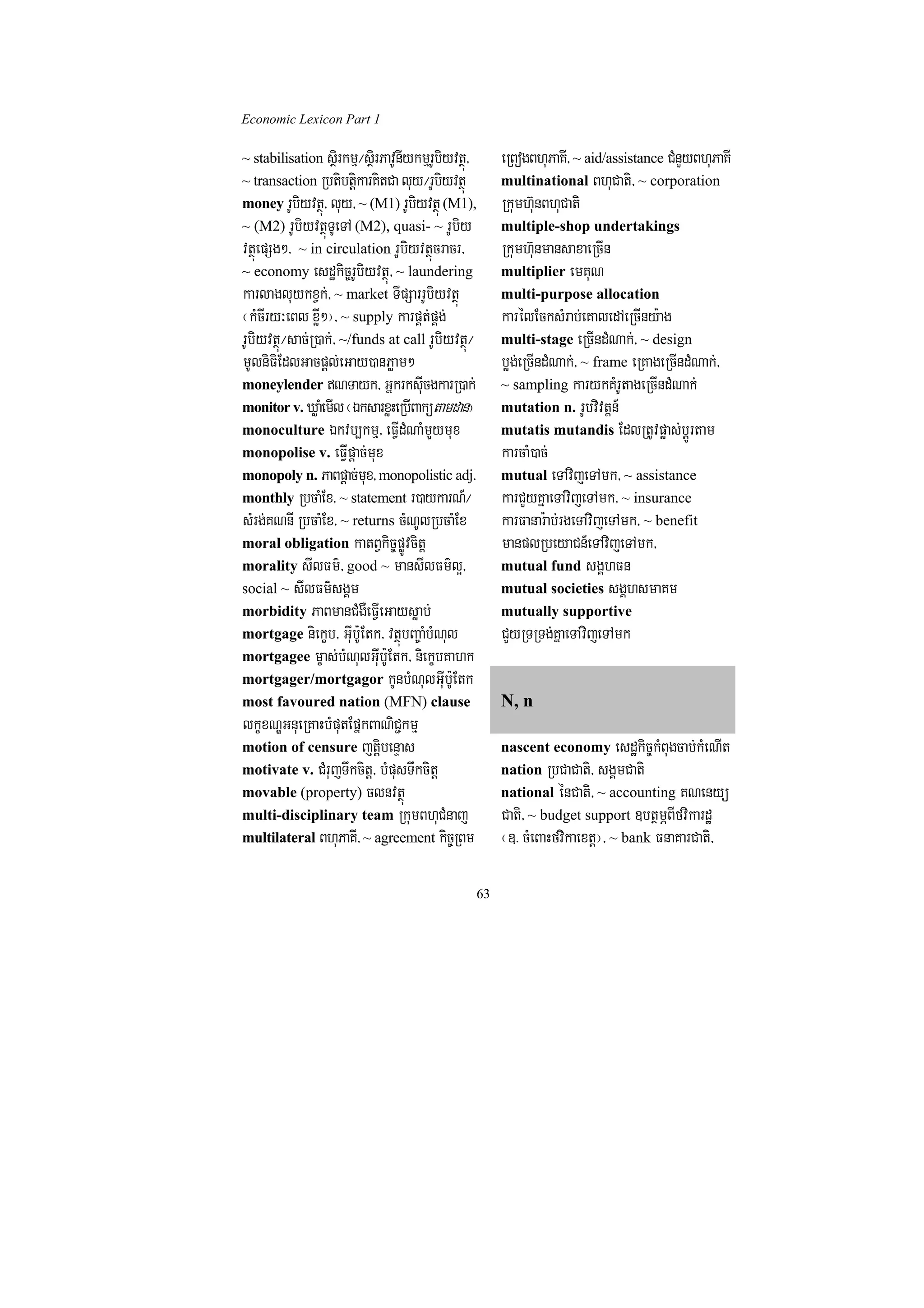 Economic Lexicon Part 1

~ stabilisation sßirkmµ¼sßirPavUnIykmµrUbiyvtßú/        eRBogBhuPaKI/ ~ aid/assistance CMnYyBhuPaKI
~ transaction RbtibtþikarKitCa luy¼rUbiyvtßú            multinational BhuCati/ ~ corporation
money rUbiyvtßú/ luy/ ~ (M1) rUbiyvtßú (M1),            Rkumh‘unBhuCati
~ (M2) rUbiyvtßúTUeTA (M2), quasi- ~ rUbiy              multiple-shop undertakings
vtßúepSg²/ ~ in circulation rUbiyvtßúcracr/             Rkumh‘unmansaxaeRcIn
~ economy esdækic©rUbiyvtßú/ ~ laundering               multiplier emKuN
karlagluykxVk;/ ~ market TIpSarrUbiyvtßú                multi-purpose allocation
¬kMcIry³eBl xøI²¦/ ~ supply karpÁt;pÁg;                 karélEcksMrab;eKaledAeRcIny:ag
rUbiyvtßú¼sac;R)ak;/ ~/funds at call rUbiyvtßú¼         multi-stage eRcIndMNak;/ ~ design
mUlniFiEdlGacpþl;eGay)anPøam²                           bøg;eRcIndMNak;/ ~ frame eRKageRcIndMNak;/
moneylender NTayk/ GñkrksuIcgkarR)ak;                  ~ sampling karykKMrUtageRcIndMNak;
monitor v. XøaMemIl ¬ÉksarxøHeRbIBakütamdan¦            mutation n. rUbvivtþn_
monoculture Ékvb,kmµ/ eFVIdMNaMmYymux                   mutatis mutandis EdlRtUvpøas;bþÚrtam
monopolise v. eFVIpþac;mux                              karcaM)ac;
monopoly n. PaBpþac;mux/ monopolistic adj.              mutual eTAvijeTAmk/ ~ assistance
monthly RbcaMEx/ ~ statement r)aykarN_¼                 karCYyKñaeTAvijeTAmk/ ~ insurance
sMrg;KNnI RbcaMEx/ ~ returns cMNUlRbcaMEx               karFanar:ab;rgeTAvijeTAmk/ ~ benefit
moral obligation katBVkic©pøÚvcitþ                      manplRbeyaCn_eTAvijeTAmk/
morality sIlFm’/ good ~ mansIlFm’l¥/                    mutual fund sgÁhFn
social ~ sIlFm’sgÁm                                     mutual societies sgÁhsmaKm
morbidity PaBmanCMgWeFVIeGaysøab;                       mutually supportive
mortgage niekçb/ GuIb:UEtk/ vtßúbBa©aMbMNul             CYyRTRTg;KñaeTAvijeTAmk
mortgagee mças;bMNulGuIb:UEtk/ niekçbKahk
mortgager/mortgagor kUnbMNulGuIb:UEtk
most favoured nation (MFN) clause                       N, n
lkçxNÐGnueRKaHbMputEpñkBaNiC¢kmµ
motion of censure jtþibenÞas                            nascent economy esdækic©kMBugcab;kMeNIt
motivate v. CMrujTwkcitþ/ bMpusTwkcitþ                  nation RbCaCati/ sgÁmCati
movable (property) clnvtßú                              national énCati/ ~ accounting KNenyü
multi-disciplinary team RkumBhuCMnaj                    Cati/ ~ budget support ]btßmÖBIfvikardæ
multilateral BhuPaKI/ ~ agreement kic©RBm               ¬]> cMeBaHfvikaextþ¦/ ~ bank FnaKarCati/

                                                   63
 