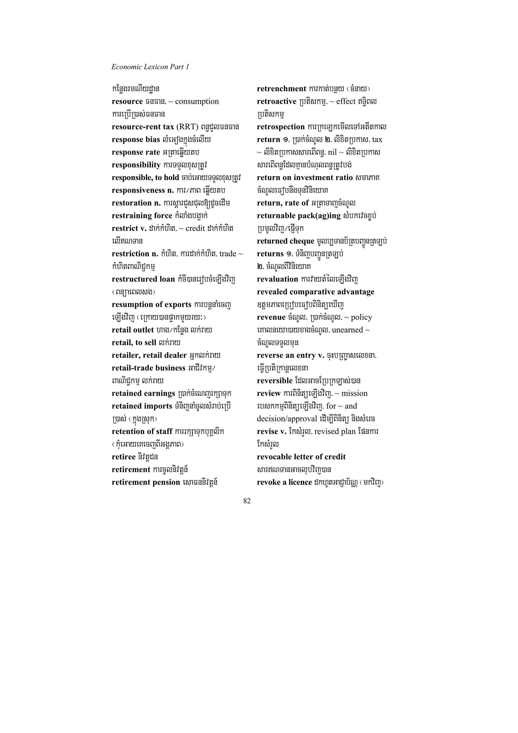 Economic Lexicon Part 1

kEnøgrmNIydæan                                     retrenchment karkat;bnßy ¬cMnay¦
resource FnFan/ ~ consumption                      retroactive Rbtiskmµ/ ~ effect T§iBl
kareRbIR)as;FnFan                                  Rbtiskmµ
resource-rent tax (RRT) Bn§CYlFnFan                retrospection karRkeLkemIleTAGtItkal
response bias lMeGogkñúgcMelIy                     return 1> R)ak;cMNUl 2> lixitRbkas/ tax
response rate GRtaeqøIytb                          ~ lixitRbkassareBIBn§/ nil ~ lixitRbkas
responsibility karTTYlxusRtUv                      sareBIBn§EdlKµanbMNulBn§RtUvbg;
responsible, to hold cab;eGayTTYlxusRtUv           return on investment ratio smaPaK
responsiveness n. kar¼PaB eqøIytb                  cMNUleFobnwgTunvinieyaK
restoration n. karsþarCYsCul[dUcedIm               return, rate of GRtaTajcMNUl
restraining force kMlaMgbg¥ak;                     returnable pack(ag)ing sMbkevcx©b;
restrict v. dak;kMhit/ ~ credit dak;kMhit          RbmUlvij¼epJITuk
elINTan                                           returned cheque mUlb,Tanb½RtbBa¢ÚnRtLb;
restriction n. kMhit/ kardak;kMhit/ trade ~        returns 1> TMnijbBa¢ÚnRtLb;
kMhitBaNiC¢kmµ                                     2> cMNUlBIvinieyaK
restructured loan kMcI)anerobcMeLIgvij             revaluation karvaytMéleLIgvij
¬BnüaeBlsg¦                                        revealed comparative advantage
resumption of exports karbnþnaMecj                 ]tþmPaBeRbobeFobBinitüeXIj
eLIgvij ¬eRkay)anp¥akmYyry³¦                       revenue cMNUl/ R)ak;cMNUl/ ~ policy
retail outlet hag¼kEnøg lk;ray                     eKalneya)ayxagcMNUl/ unearned ~
retail, to sell lk;ray                             cMNUlTTYlmun
retailer, retail dealer Gñklk;ray                  reverse an entry v. cuHbRBa©aselxna/
retail-trade business GaCIvkmµ¼                    eFVIRbtiRkanþelxna
BaNiC¢kmµ lk;ray                                   reversible EdlGacERbRkLas;)an
retained earnings R)ak;cMeNjrkSaTuk                review karBinitüeLIgvij/ ~ mission
retained imports TMnijnaMcUlsMrab;eRbI             ebskkmµBinitüeLIgvij/ for ~ and
R)as; ¬kñúgRsuk¦                                   decision/approval edIm,IBinitü nigsMerc
retention of staff karrkSaTukbuKÁlik               revise v. EksMrYl/ revised plan Epnkar
¬kMueGayeKecjBIGgÁPaB¦                             EksMrYl
retiree nivtþCn                                    revocable letter of credit
retirement karcUlnivtþn_                           sarNTanGaclubvij)an
retirement pension esaFnnivtþn_                    revoke a licence dkhUtGaCJab½NÑ ¬mkvij¦

                                              82
 