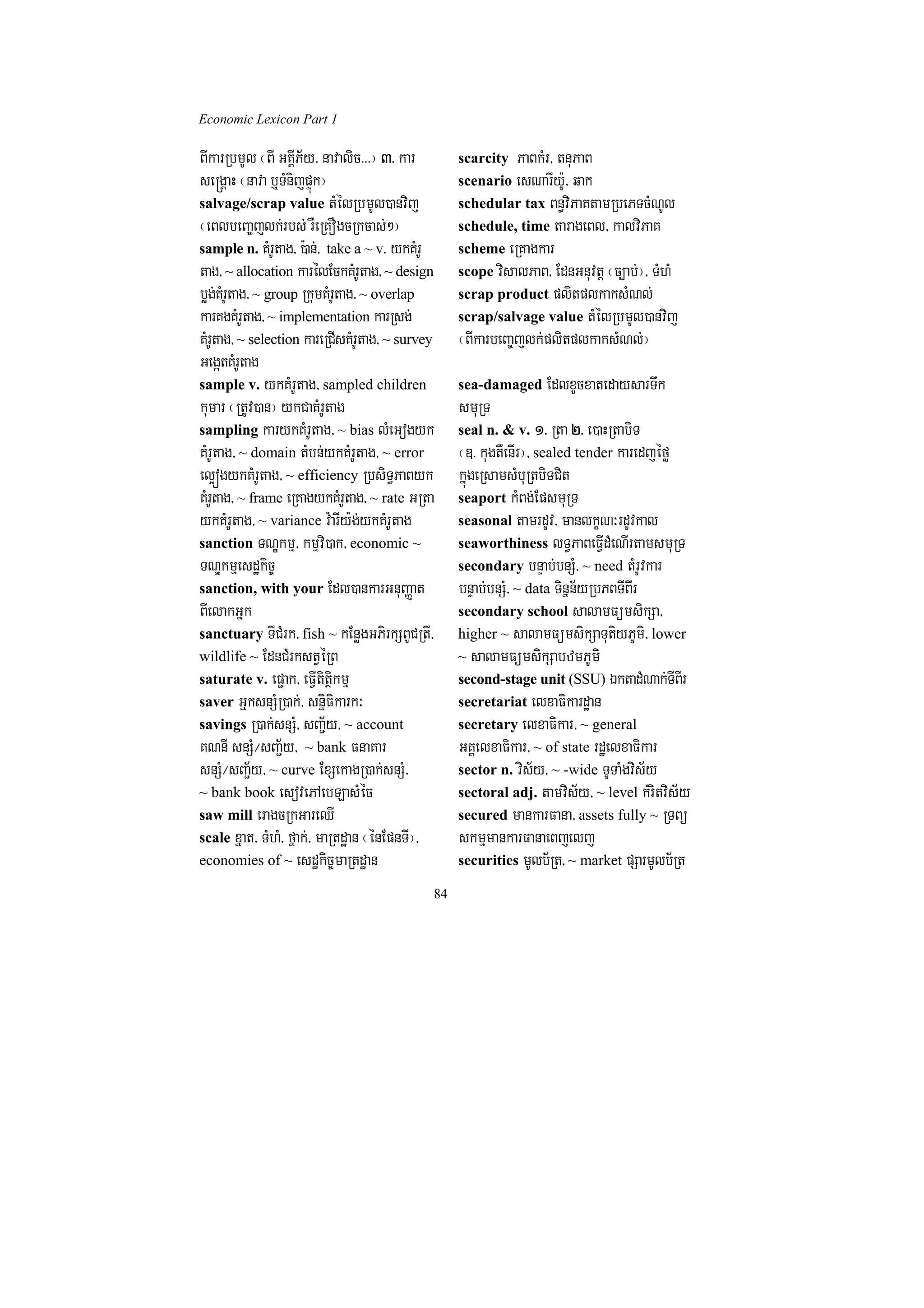 Economic Lexicon Part 1

BIkarRbmUl ¬BI GKÁIP½y/ navalic>>>¦ 3> kar            scarcity PaBkMr/ tnuPaB
se®gÁaH ¬nava b¤TMnijpÞúk¦                            scenario esNarIy:U/ qak
salvage/scrap value tMélRbmUl)anvij                   schedular tax Bn§viPaKtamRbePTcMNUl
¬eBlbeBa©jlk;rbs; rWeRKOgcRkcas;²¦                    schedule, time tarageBl/ kalviPaK
sample n. KMrUtag/ ):an;/ take a ~ v. ykKMrU          scheme eRKagkar
tag/ ~ allocation karélEckKMrUtag/ ~ design           scope visalPaB/ EdnGnuvtþ ¬c,ab;¦/ TMhM
bøg;KMrUtag/ ~ group RkumKMrUtag/ ~ overlap           scrap product plitplkaksMNl;
karKgKMrUtag/ ~ implementation karRsg;                scrap/salvage value tMélRbmUl)anvij
KMrUtag/ ~ selection kareRCIsKMrUtag/ ~ survey        ¬BIkarbeBa©jlk;plitplkaksMNl;¦
GegátKMrUtag
sample v. ykKMrUtag/ sampled children                 sea-damaged EdlxUcxatedaysarTwk
kumar ¬RtUv)an¦ ykCaKMrUtag                           smuRT
sampling karykKMrUtag/ ~ bias lMeGogyk                seal n. & v. 1> Rta 2> e)aHRtabiT
KMrUtag/ ~ domain tMbn;ykKMrUtag/ ~ error             ¬]> kugtWenIr¦/ sealed tender karedjéfø
el¥ógykKMrUtag/ ~ efficiency RbsiT§PaByk              kñúgeRsamsMbuRtbiTCit
KMrUtag/ ~ frame eRKagykKMrUtag/ ~ rate GRta          seaport kMBg;EpsmuRT
ykKMrUtag/ ~ variance v:arIy:g;ykKMrUtag              seasonal tamrdUv/ manlkçN³rdUvkal
sanction TNÐkmµ/ kmµvi)ak/ economic ~                 seaworthiness lT§PaBeFVIdMeNIrtamsmuRT
TNÐkmµesdækic©                                        secondary bnÞab;bnSM/ ~ need tMrUvkar
sanction, with your Edl)ankarGnuBaØat                 bnÞab;bnSM/ ~ data Tinñn½yRbPBTIBIr
BIelakGñk                                             secondary school salamFümsikSa/
sanctuary TICMrk/ fish ~ kEnøgGPirkSBUCRtI/           higher ~ salamFümsikSaTutiyPUmi/ lower
wildlife ~ EdnCMrkstVéRB                              ~ salamFümsikSabzmPUmi
saturate v. ep¢ak/ eFVItitßikmµ                       second-stage unit (SSU) ÉktadMNak;TIBIr
saver GñksnSMR)ak;/ snñiFikark³                       secretariat elxaFikardæan
savings R)ak;snSM/ sBa¢½y/ ~ account                  secretary elxaFikar/ ~ general
KNnI snSM¼sBa¢½y/ ~ bank FnaKar                       GKÁelxaFikar/ ~ of state rdæelxaFikar
snSM¼sBa¢½y/ ~ curve ExSekagR)ak;snSM/                sector n. vis½y/ ~ -wide TUTaMgvis½y
~ bank book esovePAebLasMéc                           sectoral adj. tamvis½y/ ~ level kMritvis½y
saw mill eragcRkGareQI                                secured mankarFana/ assets fully ~ RTBü
scale xñat/ TMhM/ fñak;/ maRtdæan ¬énEpnTI¦/          skmµmankarFanaeBjelj
economies of ~ esdækic©maRtdæan                       securities mUlb½Rt/ ~ market pSarmUlb½Rt

                                                 84
 