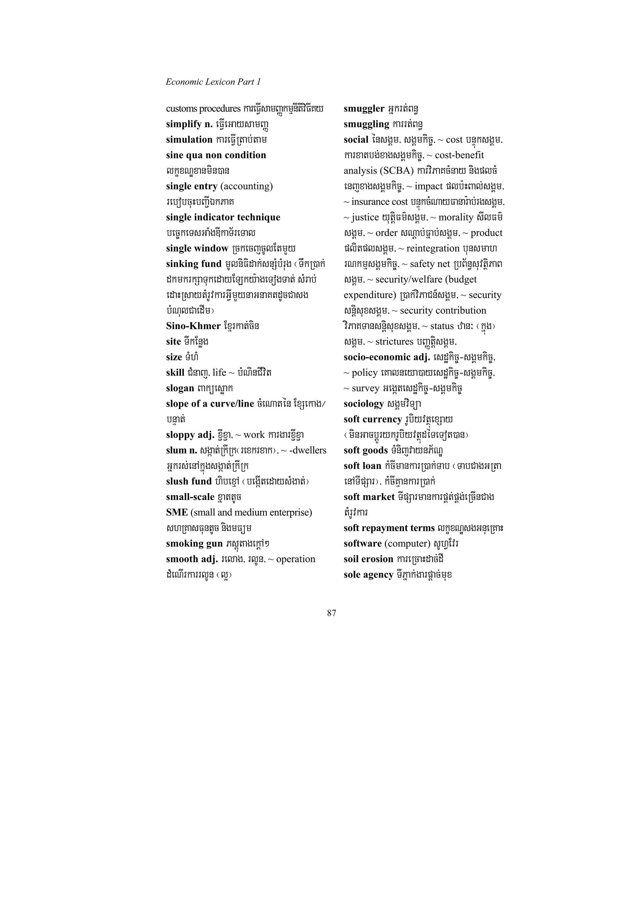 Economic Lexicon Part 1

customs procedures kareFVIsamBaØkmµnItiviFIKy        smuggler Gñkrt;Bn§
simplify n. eFVIeGaysamBaØ                           smuggling karrt;Bn§
simulation kareFVIRtab;tam                           social énsgÁm/ sgÁmkic©/ ~ cost bnÞúksgÁm/
sine qua non condition                               karxatbg;xagsgÁmkic©/ ~ cost-benefit
lkçxNÐxanmin)an                                      analysis (SCBA) karviPaKcMnay nigplcM
single entry (accounting)                            enjxagsgÁmkic©/ ~ impact plb:HBal;sgÁm/
rebobcuHbBa¢IÉkPaK                                   ~ insurance cost bnÞúkcMNayFanar:ab;rgsgÁm/
single indicator technique                           ~ justice yutþiFm’sgÁm/ ~ morality sIlFm’
bec©keTsGaMgDIkaT½reTal                              sgÁm/ ~ order sNþab;Fñab;sgÁm/ ~ product
single window RckecjcUlEtmYy                         plitplsgÁm/ ~ reintegration bunsmah
sinking fund mUlniFidak;snSMbMrug ¬TwkR)ak;          rNkmµsgÁmkic©/ ~ safety net RbB½n§suvtßiPaB
dkmkrkSaTukedayELky:ageTogTat; sMrab;                sgÁm/ ~ security/welfare (budget
edaHRsaytMrUvkarGVImYynaGnaKtdUcCasg                 expenditure) R)ak;viPaCn_sgÁm/ ~ security
bMNulCaedIm¦                                         snþisuxsgÁm/ ~ security contribution
Sino-Khmer Exµrkat;cin                               viPaKTansnþisuxsgÁm/ ~ status zan³ ¬kñúg¦
site TIkEnøg                                         sgÁm/ ~ strictures bBaØtþisgÁm/
size TMhM                                            socio-economic adj. esdækic©-sgÁmkic©/
skill CMnaj/ life ~ bMNinCIvit                       ~ policy eKalneya)ayesdækic©-sgÁmkic©/
slogan Baküesøak                                     ~ survey Gegátesdækic©-sgÁmkic©
slope of a curve/line cMeNatén ExSekag¼              sociology sgÁmviTüa
bnÞat;                                               soft currency rUbiyvtßúexSay
sloppy adj. x¢Ix¢a/ ~ work kargarx¢Ix¢a              ¬minGacbþÚrykrUbiyvtßúdéTeTot)an¦
slum n. sgáat;RkIRk¬rexkrxak¦/ ~ -dwellers           soft goods TMnijvaynP½NÐ
Gñkrs;enAkñúgsgáat;RkIRk                             soft loan kMcImankarR)ak;Tab ¬TabCagGRta
slush fund hibexµA ¬begáItedaysMgat;¦                enATIpSar¦/ kMcIKµankarR)ak;
small-scale xñattUc                                  soft market TIpSarmankarpÁt;pÁg;eRcInCag
SME (small and medium enterprise)                    tMrUvkar
shRKasFuntUc nigmFüm                                 soft repayment terms lkçxNÐsgGnueRKaH
smoking gun PsþútagekþA²                             software (computer) sUhVEvr
smooth adj. relag/ rlUn/ ~ operation                 soil erosion kareRcaHdac;dI
dMeNIrkarrlUn ¬l¥¦                                   sole agency TIPñak;garpþac;mux


                                                87
 