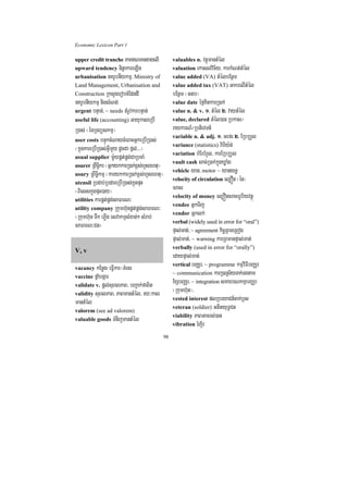Economic Lexicon Part 1

upper credit tranche PaKNTanxagelI               valuables n. vtßúmantMél
upward tendency ninñakareLIg                      valuation ekaslvic½y/ karkMNt;tMél
urbanisation nKrUbnIykmµ/ Ministry of             value added (VA) tMélbEnßm
Land Management, Urbanisation and                 value added tax (VAT) GakrelItMél
Construction RksYgerobcMEdndI                     bEnßm ¬Gtb¦
nKrUbnIykmµ nigsMNg;                              value date éf¶KitkarR)ak;
urgent bnÞan;/ ~ needs tMrUvkarbnÞan;             value n. & v. 1> tMél 2> vaytMél
useful life (accounting) GayukaleRbI              value, declared tMél)an Rbkas¼
R)as; ¬énRTBüskmµ¦                                raykarN_¼RbtievTn_
                                                  variable n. & adj. 1> Gefr 2> ERbRbYl
user costs bnÞúkcMNaycMeBaHGñkeRbIR)as;
                                                  variance (statistics) v:arIy:g;
¬kñúgkareRbIR)as;GVImYy dUcCa fñl;>>>¦
                                                  variation bMErbMrYl/ karERbRbYl
usual supplier m:UypÁt;pÁg;CaRbcaM
                                                  vault cash sac;R)ak;kñúgXøaMg
usurer RBwT§ikr ¬GñkykkarR)ak;x<s;hYsehtu¦
                                                  vehicle yan/ motor ~ yanynþ
usury RBwT§ikmµ ¬karykkarR)ak;x<s;hYsehtu¦
                                                  velocity of circulation el,Ón ¬én¦
utensil Rbdab;RbdareRbIR)as;kñúgpÞH
¬BiesskñúgpÞH)ay¦                                 cracr
                                                  velocity of money el,ÓncracrrUbiyvtßú
utilities karpÁt;pÁg;saFarN³
                                                  vendee GñkTij
utility company Rkumh‘unpÁt;pÁg;saFarN³
                                                  vendor Gñklk;
¬Rkumh‘un Twk ePøIg esvakmµsMxan;² sMrab;
                                                  verbal (widely used in error for “oral”)
saFarN³Cn¦
                                                  pÞal;mat;/ ~ agreement kic©RBmeRBog
                                                  pÞal;mat;/ ~ warning karRBmanpÞal;mat;
                                                  verbally (used in error for “orally”)
V, v
                                                  edaypÞal;mat;
                                                  vertical bBaÄr/ ~ programme kmµviFIbBaÄr
vacancy kEnøg¬eFIVkar¦TMenr
                                                  ~ communication karR)aRs½yTak;Tgtam
vaccine fñaMbgáar
validate v. pþl;suBlPaB/ bBa¢ak;faBit
                                                  ExSbBaÄr/ ~ integration smahrNkmµbBaÄr
validity suBlPaB/ PaBmantMél/ ry³kal
                                                  ¬Rkumh‘un¦/
                                                  vested interest plRbeyaCn_cak;b£s
mantMél
                                                  veteran (soldier) GtItyuT§Cn
valorem (see ad valorem)
                                                  viability PaBGacrs;)an
valuable goods TMnijmantMél
                                                  vibration rMj½r

                                             98
 