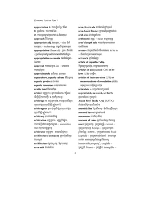 Economic Lexicon Part 1

appreciation 1> kareLIg éfø¼tMél                area, free trade tMbn;BaNiC¢kmµesrI
2> mUlvicar ¬karvaytMél¦                        area-based frame eRKagelImUldæantMbn;
3> karTTYlsÁal;KuNPaB 4>GMNrKuN                 arid area tMbn;s¶ÜtEhg
approach viFIsaRsþ                              arithmetic nBVnþ/ ~ mean mFümnBVnþ
appropriate adj. smRsb/ ~ size TMhM             arm’s length sale karlk;KµankareyaK
smRsb/ ~ technology bec©kviTüasmRsb             yl;Biess
appropriation (financial) ¬R)ak;¦ viPaCn_       arrears bMNulyWty:avminTan;sg/ to be in
¬R)ak;élTukenAmçagsMrab;eKaledAedayELk¦         ~ yWty:avkñúgkarsgbMNul
appropriation accounts KNnIcMNUl-               art work sñaédsil,³
cMNay                                           article of copartnership
approval karyl;RBm/ on ~ etagman                kic©snüacUlh‘un/ maRtashPaKkmµ
karyl;RBm                                       articles of association (GB) or by-
approximately RbEhl/ RbmaN                      laws (US) lkçnþik³
aquaculture, aquatic culture varIvb,kmµ         articles of incorporation (US) or
aquatic product Clpl                              memorandum of association (GB)
aquatic resources FnFanClpl                      GnusSarN³begIátRkumh‘un
arable land dIGacdaMduH                         articulate v. bBa¢ak;CaBaküeBCn_
arbiter mCÄtþkr ¬GñkmanGMNac¼T§iBl             as provided, as stated, set forth
edIm,IeFVIkarkat;kþI³ ]> kñúgkic©karrdæ¦        dUcmanEcg ¬kñúgc,ab;¦
arbitrage 1> mCÄtþkmµ 2> karepÞrTunBIpSar       Asean Free Trade Area (AFTA)
mYyeTApSarmYyedIm,IeqøótrkkMér                  tMbn;BaNiC¢kmµesrIGas‘an
arbitrageur GñkepÞrTunBIpSarmYyeTApSar          assembly line ExSplitkmµ ¬tMelIgeRKOgcRk¦
mYyedIm,IeqøótrkkMér                            assessed taxes Bn§)ankMNt;
arbitrary tamEtGMeBIcitþ                        assessment karvaytMél
arbitration mCÄtþPaB/ mCÄtþvinicä½y/            assessor of taxes GñkkMNt;Bn§¼vayBn§
karkat;kþIedayGaCJakNþal/ ~ committee           asset RTBüskmµ/ RTBüsm,tiþ/ current ~
KN³kmµkarmCÄtþkmµ                               RTBüskmµcrnþ/ foreign ~ RTBüskmµCa
arbitrator mCÄtþkr ¬xagBaNiC¢kmµ¦               rUbiyb½NÑ ¬FnaKar¦/ RTBüenAbreTs, fixed
architectural company Rkumh‘unsikSa             (capital) ~ RTBüskmµCab;lab; ¬ÉksarxøH
KMeragbøg;                                      ehAfa GclnRTBü EdlRtUvnwgBakü
architecture sßabtükmµ/ nimµabnkmµ              immovable property), tangible ~
area unit ÉktatMbn;                             RTBürUbI/ frozen ~ RTBüp¥ib/ intangible ~
                                            6
 