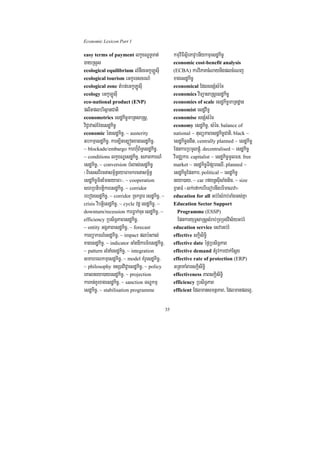 Economic Lexicon Part 1

easy terms of payment lkçxNÐTUTat;                    kmµviFIsßirPavUbnIykmµesdækic©
gayRsYl                                               economic cost-benefit analysis
ecological equilibrium lMnwgeGkULÚsuI                 (ECBA) karviPaKcMNaynigplcMeNj
ecological tourism eGkUeTscrN_                        xagesdækic©
ecological zone tMbn;eGkULÚsuI                        economical EdlsnSMsMéc
ecology eGkULÚsuI                                     economics viTüasaRsþesdækic©
eco-national product (ENP)                            economies of scale esdækic©maRtdæan
plitplbrisßanCati                                     economist esdæviTU
econometrics esdækic©maRtsaRsþ/                       economise snSMsMéc
viC¢avas;Evgesdækic©                                  economy esdækic©/ sMéc/ balance of
economic énesdækic©/ ~ austerity                      national ~ tulüPaBesdækic©Cati/ black ~
tbkmµesdækic©/ kart,itet,ótxagesdækic©/               esdækic©ggwt/ centrally planned ~ esdækic©
~ blockade/embargo karh‘u¿B½T§esdækic©/               EpnkarRbmUlpþúM/ decentralised ~ esdækic©
~ conditions lkçxNÐesdækic©/ sPaBkarN_                vimCÄkar/ capitalist ~ esdækic©mUlFn/ free
esdækic©/ ~ conversion bMlas;esdækic©                 market ~ esdækic©TIpSaresrI/ planned ~
¬BiessBIrcnasm<½n§eyaFamkrcnasm<½n§                   esdækic©Epnkar/ political ~ esdækic©
esdækic©minEmneyaFa¦/ ~ cooperation                   neya)ay/ ~ car rfynþsuIsaMgtic/ ~ size
shRbtibtþikaresdækic©/ ~ corridor                     xñatFM ¬lk;efakebIeFobnwgbrimaNva¦
rebogesdækic©/ ~ corridor RckTVar esdækic©/ ~         education for all Gb;rMsMrab;TaMgGs;Kña
crisis vibtþiesdækic©/ ~ cycle vdþ esdækic©/ ~        Education Sector Support
downturn/recession karFøak;cuH esdækic©/ ~             Programme (ESSP)
efficiency RbsiT§PaBesdækic©/                           EpnkaryuT§saRsþsMrab;RTRTg;vis½yGb;rM
~ entity GgÁPaBesdækic©/ ~ forecast                   education service esvaGb;rM
karBüakrN_esdækic©/ ~ impact plb:HBal;                effective skþisiT§i
xagesdækic©/ ~ indicator GaMgDIkarT½resdækic©/        effective date éf¶RbsiT§PaB
~ pattern lMnaMesdækic©/ ~ integration                effective demand tMrUvkarCak;Esþg
smahrNkmµesdækic©/ ~ model KMrUesdækic©/              effective rate of protection (ERP)
~ philosophy TsSnviC¢aesdækic©/ ~ policy              GRtaKaMBarskþisiT§i
eKalneya)ayesdækic©/ ~ projection                     effectiveness PaBskþisiT§i
karKn;KUrxagesdækic©/ ~ sanction TNÐkmµ               efficiency RbsiT§PaB
esdækic©/ ~ stabilisation programme                   efficient EdlmansmtßPaB/ Edlmanpll¥/


                                                 35
 