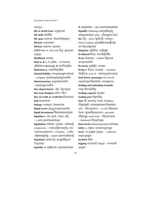 Economic Lexicon Part 1

enAmFüm                                                   2> sac;R)ak;TMenr/ ~ ratio smaPaKsac;R)ak;TMenr
life or death issue bBaðasøab;rs;                         liquidity (banking) sac;R)ak;nigRTBü
life skill bMNinCIvit                                     gaybþÚrCasac;R)ak;/ total ~ rUbiyvtßúTUeTA (M2)
life span Gayukal ¬BIeBlekItdl;søab;¦                     list bBa¢I/ ~ price éføelIbBa¢I ¬kataLúk¦/
lifestyle rebobrs;enA                                     listed company Rkumh‘unEdlmansnøwkh‘un
lifetime Gayukal/ mYyGayu                                 lk;-Tij enApSarh‘un
LIFO (last in, first out) lIhVÚ ¬cUleRkay                 litigation bNþwgvivaT/ karbþwgpþl;
ecjmun¦                                                   livelihood CIvPaB/ karrkciBa©wmCIvit/
likelihood PaBTMng                                        lively y:agskmµ/ ~ market TIpSarman
limit n. & v. 1> RBMEdn/ ~ of liability                   skmµPaBrs;revIk
RBMEdnénkarTTYlxusRtUv/ 2> dak;kMritRBMEdn                livestock stVciBa©wm ¬ykpl¦
limitation n. kardak;kMritRBMEdn                          living 1> CIvPaB/ karrs;enA/ ~ standard
limited liability karTTYlxusRtUvmankMNt;/                 kMritCIvPaB/ cost of ~ cMnayRTRTg;karrs;enA
~ company Rkumh‘unTTYlxusRtUvmankMrit                     load factor, passenger (air travel)
limited partner GñkcUlh‘unmankMrit                        GRtabMeBjekAGIGñkdMeNIr ¬tamynþehaH¦
¬TTYlxusRtUvmankMrit¦                                     loading and unloading of goods
line (department) ¬mnÞIr¦ ExSbeNþay                       karpÞúk nigkarerITMnij
line item (budget) matika ¬fvika¦                         loading capacity cMNuHpÞúk
line of credit or credit linekMritNTan                   loading port EppÞúkTMnij
link cMNgTak;Tg                                           loan kMcI/ NeTyü/ bMNul/ bridging ~
linkage karcgP¢ab;/ cMNgTak;Tg                            kMcIpøas;pÞHfµI ¬enAeBlpÞHcas;lk;minTan;dac;¦/
liquid assets RTBübþÚrykR)ak;)anrh½s                      soft ~ kMcIkarR)ak;Tab/ ~ at call kMcIKµankal
liquid investments vinieyaKedaysac;R)ak;                  kMNt; ¬RtUvsgvijeBleKTar¦/ personal ~
liquidate v. CMrH/ TUTat; ¬bMNul/ bBa¢I¦/                 kMcIpÞal;xøÜn/ unsecured ~ kMcIKµankarFana/
~ a debt TUTat;bMNulTaMgmUl                               ~ disbursed kMcI)anebIkpþl;
liquidation karrMlay ¬Rkumh‘un¦/ karCMrHbBa¢I/            loan service (interest payment) esvabMNul
compulsory ~ karCMrHbBa¢ICakatBVkic© ¬tam                 lobby v. ekogKr/ eXasnabBa©úHbBa©Úl
karsMercrbs;tulakar¦/ voluntary ~ karCMrH                 local ¬én¦mUldæan/ kñúgRsuk/ ~ authority
bBa¢eI daysµR½ Kcit/þ ~ report r)aykarN_CrM HbBa¢I        GaCJaFrmUldæan
liquidator GñkCMrHbBa¢I/ GñkRtYtBinitükar                 location TItaMg
biTRkumh‘un                                               logging karkab;eQI/ illegal ~ karkab;eQI
liquidity 1> snÞnIyPaB/ lT§PaBsgbMNul                     xusc,ab;
                                                     58
 