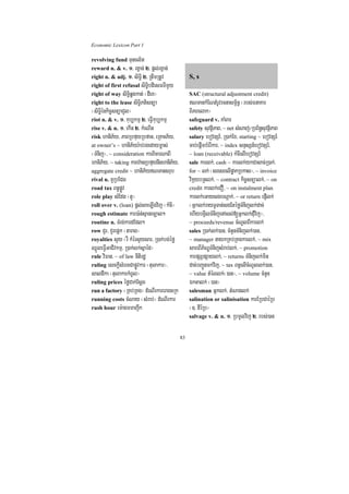 Economic Lexicon Part 1

revolving fund Tuncl½t
reward n. & v. 1> rgVan; 2> pþl;rgVan;
right n. & adj. 1> siT§i 2> RtwmRtUv             S, s
right of first refusal siT§ibdiesFTImYy
right of way siT§iqøgkat; ¬dIeK¦                 SAC (structural adjustment credit)
right to the lease siT§iPtisnüa                  NTankMENtMrUvrcnasm<½n§ ¬rbs;FnaKar
¬siT§iénkic©snüaCYl¦                             BiPBelak¦
riot n. & v. 1> kub,kmµ 2> eFVIkub,kmµ           safeguard v. KaMBar
rise v. & n. 1> ekIn 2> kMeNIn                   safety suvtßiPaB/ ~ net sMNaj;¼RbB½n§suvtßiPaB
risk haniP½y/ PaBRbfuyRbfan/ eRKaHP½y/           salary ebovtSr_/ R)ak;Ex/ starting ~ ebovtSr_
at owner’s ~ haniP½yr:ab;rgedaym©as;             cab;epþImbMerIkar/ ~ index snÞsSn_ebovtSr_/
¬TMnij¦/ ~ consideration karBicarNaBI            ~ loan (receivable) kMcIelIebovtSr_
haniP½y/ ~ taking karh‘anRbfuynwghaniP½y/        sale karlk;/ cash ~ karlk;ykCasac;R)ak;/
aggregate credit ~ haniP½yNTansrub              for ~ lk; ¬sresrelIpøakRbkas¦/ ~ invoice
rival n. KURbECg                                 vikáybRtlk;/ ~ contract kic©snüalk;/ ~ on
road tax Bn§pøÚv                                 credit karlk;eCO/ ~ on instalment plan
role play sMEdg ¬tY¦                             karlk;eGaysgbNþak;/ ~ or return epJIlk;
roll over v. (loan) pþl;saeLIgvij ¬kMcI¦         ¬Gñklk;rayTUTat;sgEtéføTMnijlk;dac;
rough estimate kar)a:n;sµanec,al²                ehIybgVilTMnijenAsl;[Gñklk;dMuvij¦/
routine n. TMrg;kardEdl²                         ~ proceeds/revenue cMNUlBIkarlk;
row CYr/ CYrepþk ¬tarag¦                         sales R)ak;lk;)an/ cMnYnTMnijlk;)an/
royalties sYy ¬rW kMérsYysar/ R)ak;bg;éfø        ~ manager naykRKb;RKgkarlk;/ ~ mix
QñÜleFVIGaCIvkmµ/ R)ak;lk;sñaéd¦                 sareBIP½NÐTMnijsMrab;lk;/ ~ promotion
rule viFan/ ~ of law nItirdæ                     karpSBVpSaylk;/ ~ returns TMnijlk;min
ruling esckþIsMercCapøÚvkar ¬tulakar¦/           dac;bBa¢Únmkvij/ ~ tax Bn§elIcMNUllk;)an/
saldIka ¬tulakarkMBUl¦                           ~ value tMéllk;¬)an¦/ ~ volume cMnYn
ruling prices éføCak;Esþg                        Éktalk; ¬)an¦
run a factory ¬RKb;RKg¦ dMeNIrkareragcRk         salesman Gñklk;/ tMNaglk;
running costs cMNay ¬sMrab;¦ dMeNIrkar           salination or salinisation karERbCaéRb
rush hour em:agmmajwk                            ¬]> dIéRb¦
                                                 salvage v. & n. 1> RbmUlvij 2> rbs;)an


                                            83
 