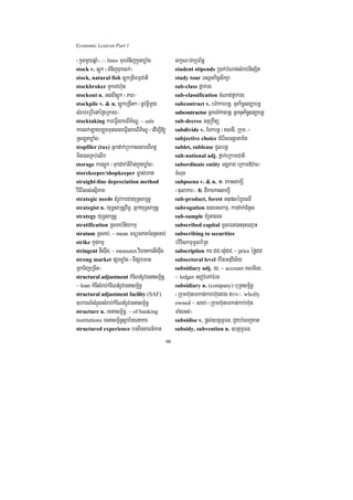 Economic Lexicon Part 1

¬kñúgmYyqñaM¦/ ~ lines muxTMnijkñúgXøaMg             lkçN³CaRbB½n§
stock v. sþúk ¬TMnijTuklk;¦                          student stipends R)ak;bMNac;sMrab;nisSit
stock, natural fish sþúkRtIFmµCati                   study tour TsSnkic©sikSa
stockbroker KYkeCh‘un                                sub-class fñak;rg
stockout n. Gs;BIsþúk ¬PaB¦                          sub-classification cMNat;fñak;rg
stockpile v. & n. sþúkeRcIn² ¬nUvGVImYy              subcontract v. em:Akarbnþ/ cuHkic©snüabnþ
sMrab;eRbIenAéf¶eRkay¦                               subcontractor Gñkem:Akarbnþ/ GñkcuHkic©snüabnþ
stocktaking kareFVIsareBIP½NÐ/ ~ sale                sub-decree GnuRkwtü
karlk;LayLúgmuneBleFVIsareBIP½NÐ ¬edIm,I[            subdivide v. Eckbnþ ¬KNnI/ Rkum>>¦
RsLHXøaMg¦                                           subjective choice CMerIsGtþenam½t
stopfiler (tax) Gñkdak;RbkassareBIBn§                sublet, sublease CYlbnþ
min)anRKb;elIk                                       sub-national adj. fñak;eRkamCati
storage karsþúk ¬Tukdak;GIv:an;kñúgXøaMg¦            subordinate entity GgÁPaB eRkam»vaT¼
storekeeper/shopkeeper m©as;hag                      cMNuH
straight-line depreciation method                    subpoena v. & n. 1> ekaHsakSI
viFIrMls;esµIPaK                                     ¬tulakar¦/ 2> dIkaekaHsakSI
strategic needs tMrUvkarCayuT§saRsþ                  sub-product, forest GnupléRBeQI
strategist n. yuT§saRsþviTU/ GñkyuT§saRsþ            subrogation ])aeTskmµ/ kardak;CMnYs
strategy yuT§saRsþ                                   sub-sample KMrUtagrg
stratification RsTab;nIykmµ                          subscribed capital mUlFn)ancuHeQµaH
stratum RsTab;/ ~ mean mFümPaKénRsTab;               subscribing to securities
strike kUdkmµ                                        briviskmµmUlb½Rt
stringent twgruwg/ ~ measures viFankartwgruwg        subscription kar Cav¼sMuCav/ ~ price éføCav
strong market pSarxøaMg ¬TIpSarman                   subsectoral level kMritGnuvis½y
GñkTijeRcIn¦                                         subsidiary adj. rg/ ~ account KNnIrg/
structural adjustment kMENtMrUvrcnasm<½n§/           ~ ledger esovePAFMrg
~ loan kMcIsMrab;kMENtMrUvrcnasm<½n§                 subsidiary n. (company) buRtsm<½n§
structural adjustment facility (SAF)                 ¬Rkumh‘unemkan;kab;h‘unCag 50°¦/ wholly
]bkrN_sMrYlsMrab;kMENtMrUvrcnasm<½n§                 owned ~ saxa ¬Rkumh‘unemkan;kab;h‘un
structure n. rcnasm<½n§/ ~ of banking                TaMgGs;¦
institutions rcnasm<½n§sßab½nFnaKar                  subsidise v. pþl;]btßmÖFn/ CYybMeBjxat
structured experience bTBiesaFn_man                  subsidy, subvention n. ]btßmÖFn/

                                                90
 