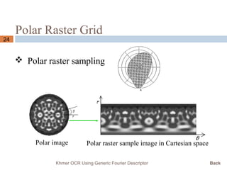 Polar Raster Grid
24
 Polar raster sampling
Polar image Polar raster sample image in Cartesian space
Khmer OCR Using Generic Fourier Descriptor Back
 
