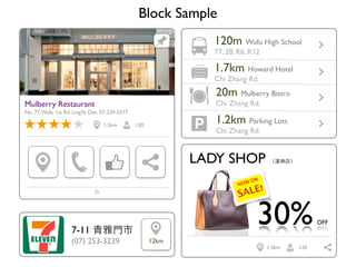 30%OFF
NOW ON
SALE!
LADY SHOP h꣩
1201.5km
120m Wufu High School
77, 28, R6, R12
1.7km Howard Hotel
Chi Zhang Rd.
20m Mulberry Bistro
Chi Zhang Rd.
1.2km Parking Lots
Chi Zhang Rd.
Block Sample
7-11 T
(07) 253-3239 12km
Mulberry Restaurant
No. 77,Wufu 1st Rd. LingYa Dist. 07-229-5377
1.5km 120
 