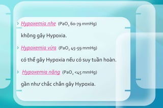  Hypoxemia nhẹ (PaO2 60-79 mmHg)
không gây Hypoxia.
 Hypoxemia vừa (PaO2 45-59 mmHg)
có thể gây Hypoxia nếu có suy tuần hoàn.
 Hypoxemia nặng (PaO2 <45 mmHg)
gần như chắc chắn gây Hypoxia.
 