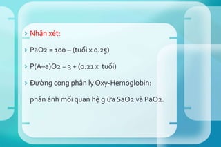  Nhận xét:
 PaO2 = 100 – (tuổi x 0.25)
 P(A–a)O2 = 3 + (0.21 x tuổi)
 Đường cong phân ly Oxy-Hemoglobin:
phản ánh mối quan hệ giữa SaO2 và PaO2.
 
