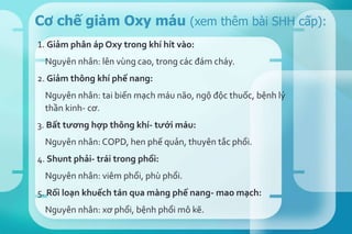 1. Giảm phân áp Oxy trong khí hít vào:
Nguyên nhân: lên vùng cao, trong các đám cháy.
2. Giảm thông khí phế nang:
Nguyên nhân: tai biến mạch máu não, ngộ độc thuốc, bệnh lý
thần kinh- cơ.
3. Bất tương hợp thông khí- tưới máu:
Nguyên nhân: COPD, hen phế quản, thuyên tắc phổi.
4. Shunt phải- trái trong phổi:
Nguyên nhân: viêm phổi, phù phổi.
5. Rối loạn khuếch tán qua màng phế nang- mao mạch:
Nguyên nhân: xơ phổi, bệnh phổi mô kẽ.
Cơ chế giảm Oxy máu (xem thêm bài SHH cấp):
 