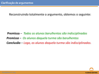 Reconstruindo totalmente o argumento, obtemos o seguinte: 
Premissa‒ Todos os alunos barulhentos são indisciplinados 
Premissa ‒Os alunos daquela turma são barulhentos 
Conclusão ‒Logo, os alunos daquela turma são indisciplinados. 
Clarificaçãodeargumentos 
FILOSOFIA 11.º ano 