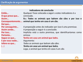 Clarificaçãodeargumentos 
FILOSOFIA 11.ºano 
Indicadores de conclusão 
Então… 
O que provaque… 
Assim… 
Consequentemente…. 
Daí que… 
Por conseguinte… 
Assim sendo… 
Por isso… 
Portanto… 
Segue-se que… 
E por essa razão… 
Infere-se que… 
(…) 
Qualquer frase colocada a seguir a estes indicadores é a conclusão. 
Ex.:Todososanimaisqueladramsãocãeseporissooanimalquetenhoemcasaéumcão. 
Aproposiçãoantesdoindicadorporissoéumapremissa. 
Aproposiçãoaseguiréaconclusão. 
Implícitaestáaoutrapremissa,queidentificaríamoscomoomissa: 
Tenho em casa um animal que ladra. 
Argumento: 
Todos os animais que ladram são cães. 
Tenho em casa um animal que ladra. 
Logo, o animal que tenho em casa é um cão.  