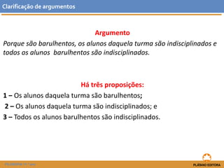 Argumento 
Porque são barulhentos, os alunos daquela turma são indisciplinados e todos os alunos barulhentos são indisciplinados. 
Há três proposições: 
1 ‒ Os alunos daquela turma são barulhentos; 
2 –Os alunos daquela turma são indisciplinados; e 
3 –Todos os alunos barulhentos são indisciplinados. 
Clarificaçãodeargumentos 
FILOSOFIA 11.º ano  