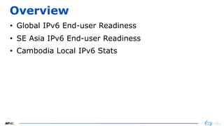2
2
Overview
• Global IPv6 End-user Readiness
• SE Asia IPv6 End-user Readiness
• Cambodia Local IPv6 Stats
 