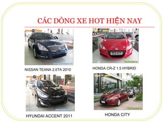 CÁC DÒNG XE HOT HIỆN NAY NISSAN TEANA 2.0TA 2010 HONDA CR-Z 1.5 HYBRID HYUNDAI ACCENT 2011 HONDA CITY 
