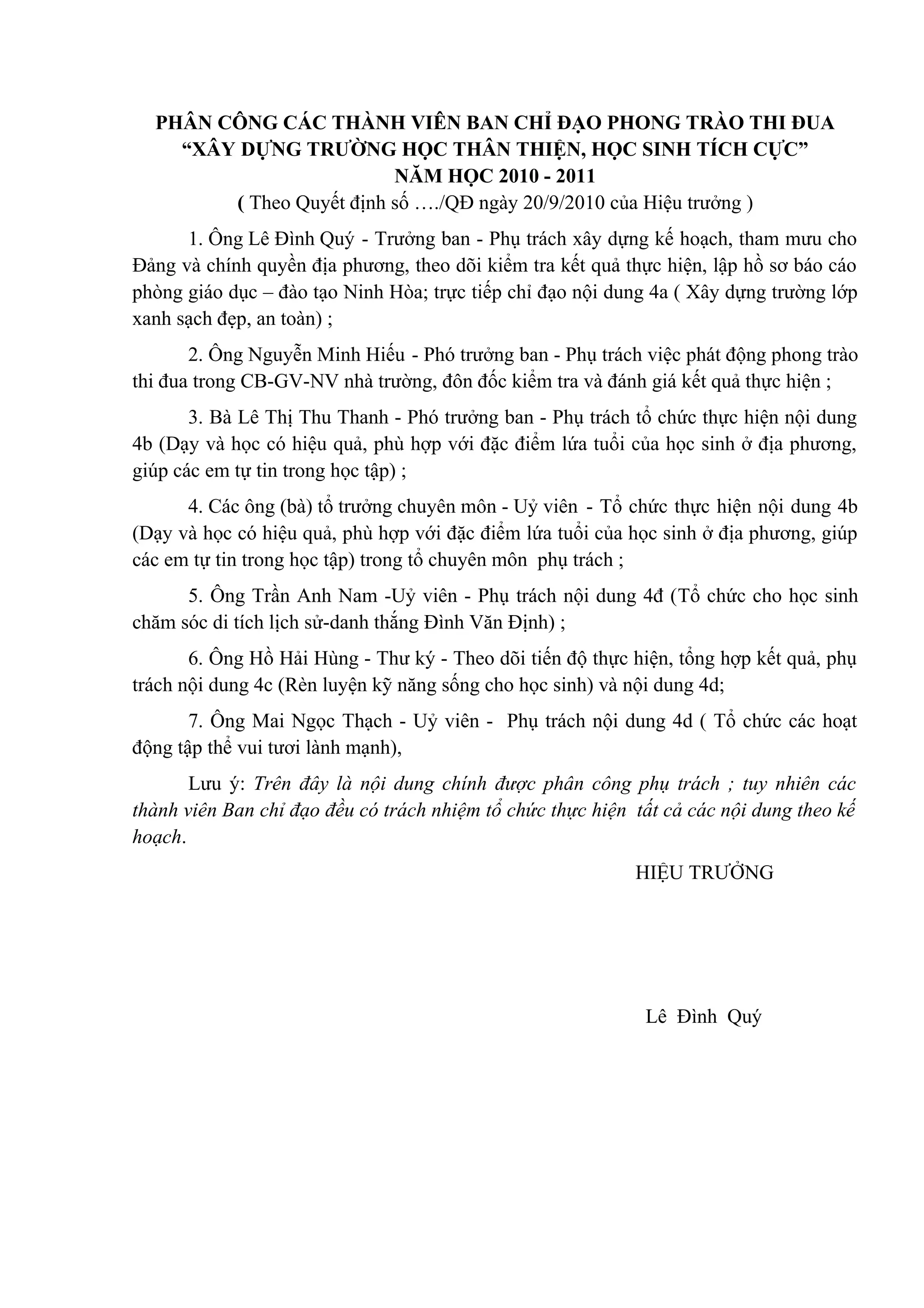 PHÂN CÔNG CÁC THÀNH VIÊN BAN CHỈ ĐẠO PHONG TRÀO THI ĐUA
“XÂY DỰNG TRƯỜNG HỌC THÂN THIỆN, HỌC SINH TÍCH CỰC”
NĂM HỌC 2010 - 2011
( Theo Quyết định số …./QĐ ngày 20/9/2010 của Hiệu trưởng )
1. Ông Lê Đình Quý - Trưởng ban - Phụ trách xây dựng kế hoạch, tham mưu cho
Đảng và chính quyền địa phương, theo dõi kiểm tra kết quả thực hiện, lập hồ sơ báo cáo
phòng giáo dục – đào tạo Ninh Hòa; trực tiếp chỉ đạo nội dung 4a ( Xây dựng trường lớp
xanh sạch đẹp, an toàn) ;
2. Ông Nguyễn Minh Hiếu - Phó trưởng ban - Phụ trách việc phát động phong trào
thi đua trong CB-GV-NV nhà trường, đôn đốc kiểm tra và đánh giá kết quả thực hiện ;
3. Bà Lê Thị Thu Thanh - Phó trưởng ban - Phụ trách tổ chức thực hiện nội dung
4b (Dạy và học có hiệu quả, phù hợp với đặc điểm lứa tuổi của học sinh ở địa phương,
giúp các em tự tin trong học tập) ;
4. Các ông (bà) tổ trưởng chuyên môn - Uỷ viên - Tổ chức thực hiện nội dung 4b
(Dạy và học có hiệu quả, phù hợp với đặc điểm lứa tuổi của học sinh ở địa phương, giúp
các em tự tin trong học tập) trong tổ chuyên môn phụ trách ;
5. Ông Trần Anh Nam -Uỷ viên - Phụ trách nội dung 4đ (Tổ chức cho học sinh
chăm sóc di tích lịch sử-danh thắng Đình Văn Định) ;
6. Ông Hồ Hải Hùng - Thư ký - Theo dõi tiến độ thực hiện, tổng hợp kết quả, phụ
trách nội dung 4c (Rèn luyện kỹ năng sống cho học sinh) và nội dung 4d;
7. Ông Mai Ngọc Thạch - Uỷ viên - Phụ trách nội dung 4d ( Tổ chức các hoạt
động tập thể vui tươi lành mạnh),
Lưu ý: Trên đây là nội dung chính được phân công phụ trách ; tuy nhiên các
thành viên Ban chỉ đạo đều có trách nhiệm tổ chức thực hiện tất cả các nội dung theo kế
hoạch.
HIỆU TRƯỞNG
Lê Đình Quý
 