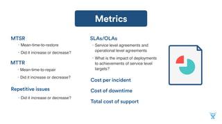 MTSR
• Mean-time-to-restore
• Did it increase or decrease?
Metrics
MTTR
• Mean-time-to-repair
• Did it increase or decrease?
Repetitive issues
• Did it increase or decrease?
SLAs/OLAs
• Service level agreements and
operational level agreements
• What is the impact of deployments
to achievements of service level
targets?
Cost per incident
Total cost of support
Cost of downtime
 