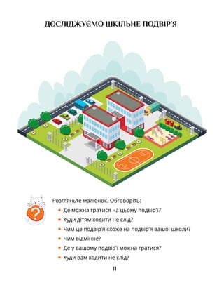 11
ДОСЛІДЖУЄМО ШКІЛЬНЕ ПОДВІР’Я
?
Розгляньте малюнок. Обговоріть:
• Де можна гратися на цьому подвір’ї?
• Куди дітям ходити не слід?
• Чим це подвір'я схоже на подвір'я вашої школи?
• Чим відмінне?
• Де у вашому подвір'ї можна гратися?
• Куди вам ходити не слід?
 