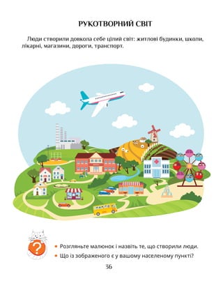 36
РУКОТВОРНИЙ СВІТ
Люди створили довкола себе цілий світ: житлові будинки, школи,
лікарні, магазини, дороги, транспорт.
• Розгляньте малюнок і назвіть те, що створили люди.
• Що із зображеного є у вашому населеному пункті?
?
ШКОЛА
 
