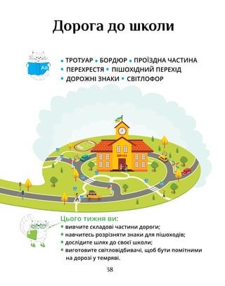 38
Дорога до школи
• ТРОТУАР • БОРДЮР • ПРОЇЗДНА ЧАСТИНА
• ПЕРЕХРЕСТЯ • ПІШОХІДНИЙ ПЕРЕХІД
• ДОРОЖНІ ЗНАКИ • СВІТЛОФОР
Цього тижня ви:
• вивчите складові частини дороги;
• навчитесь розрізняти знаки для пішоходів;
• дослідите шлях до своєї школи;
• виготовите світловідбивачі, щоб бути помітними
на дорозі у темряві.
Аа
 