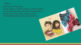 Stage 3
Good boy & Good girl;-
In this stage ,a person judge an action based
on the societal roles and social expectations
before him. this is also known as the
“INTERPERSONAL RELATIONSHIPS”.
 