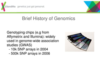 Brief History of Genomics
Genotyping chips (e.g from
Affymetrix and Illumina): widely
used in genome-wide association
studies (GWAS)
- 10k SNP arrays in 2004
- 500k SNP arrays in 2006
genetics just got personal.
 
