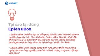 Tại sao lại dùng
Epfen uBox
Epfen uBox là điểm hội tụ, đồng bộ dữ liệu cho toàn bộ doanh
nghiệp hay tổ chức. Hơn thế nữa, Epfen uBox là bước khởi đầu
cho việc xử lý và phân tích dữ liệu cho các hệ thống Business
Intelligence (BI) cũng như các hệ thống Dữ liệu lớn khác.
Epfen uBox là hệ thống được tích hợp, phát ٰển theo công
nghệ chuẩn công nghiệp của Đức với hệ thống máy chủ đặt tại
Việt Nam!
 