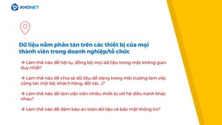 Dữ liệu nằm phân tán trên các thiết bị của mọi
thành viên trong doanh nghiệp/tổ chức
 Làm thế nào để hội tụ, đồng bộ mọi dữ liệu trong một không gian
duy nhất?
 Làm thế nào để chia sẻ dữ liệu dễ dàng trong môi trường làm việc
cộng tác (nội bộ, khách hàng, đối tác...)?
 Làm thế nào để làm việc trên nhiều thiết bị với hệ điều hành khác
nhau?
 Làm thế nào để đảm bảo an toàn dữ liệu và bảo mật thông tin?
 