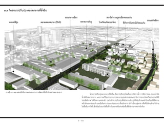 Section NODE กำรเชื่อมโยงของระบบขนส่งสำธำรณะกับตลำด
ภาพที่ ๓ – ๑๒ แสดงทัศนียภาพตามแนวทางการพัฒนาพื้นที่บริเวณย่านตลาดกลาง
๓.๓ โครงกำรปรับปรุงตลำดกลำงที่ยั่งยืน
โครงการปรับปรุงตลาดกลางที่ยั่งยืน เป็นการปรับปรุงในเรื่องการจัดการน้่า การจัดการขยะ ระบบบ่าบัด
น้่าเสียในตลาดกลาง และการแก้ปัญหาระบบการคมนาคมขนส่งรถสองแถว จัดการระบบไหลเวียนของรถให้มี
ประสิทธิภาพ ให้เกิดความคล่องตัว รวมไปถึงการปรับปรุงพื้นผิวทางเท้า ภูมิทัศน์บริเวณหน้าโรงเรียนให้มีความ
หน้าเดินและปลอดภัย และมีเส้นทาง Green Network เชื่อมโยงจาก BRT เข้ามาสู่ตลาด เพื่อดึงให้คนเข้ามาใช้งาน
ในพื้นที่มากยิ่งขึ้น ซึ่งเชื่อมโยงมายังพื้นที่ว่างในตลาดเพื่อส่งเสริมพื้นที่สีเขียวกลางตลาดอีกด้วย
๓ - ๑๑
 