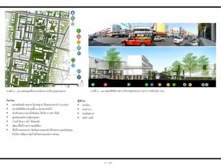 กิจกรรม
• ตลาดทันสมัย สะอาด มีมาตรฐาน ใช้แสงธรรมชาติ (Sunlight)
• ตลาดนัดสีเขียวบริเวณชั้น ๒ ของตลาดโบ๊เบ๊
• นักเรียนสามารถมานั่งพักผ่อน ให้บริการ WiFi ทั่วถึง
• ศูนย์เผยแพร่ความรู้ของชุมชน
• การเข้าถึงจาก BRT ที่คล่องตัว
• พัฒนาพื้นที่ว่างสาธารณะสีเขียว
• พื้นที่ว่างของเอกชน จัดเป็นลานจอดรถใกล้กับตลาด และสนับสนุน
ให้เกิดการพัฒนากลุ่มร้านค้าตอบสนองต่อการลงทุน
ผู้ใช้งำน
• นักเรียน
• คนท่างาน
• คนเดินตลาด
• พ่อค้า แม่ค้า
ภาพที่ ๓ – ๑๔ แสดงทัศนียภาพการปรับปรุงตลาดกลาง (ล่าง) ภาพปัจจุบัน (บน)ภาพที่ ๓ – ๑๓ แสดงแผนที่ประกอบโครงการปรับปรุงตลาดกลาง
๓ - ๑๒
 