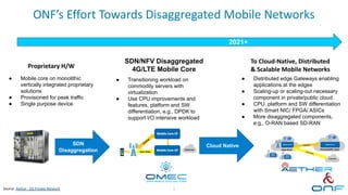 ONF’s Effort Towards Disaggregated Mobile Networks
2021+
Proprietary H/W
● Mobile core on monolithic
vertically integrated proprietary
solutions
● Provisioned for peak traffic
● Single purpose device
SDN
Disaggregation
SDN/NFV Disaggregated
4G/LTE Mobile Core
● Transitioning workload on
commodity servers with
virtualization
● Use CPU improvements and
features, platform and SW
differentiation, e.g., DPDK to
support I/O intensive workload
Cloud Native
To Cloud-Native, Distributed
& Scalable Mobile Networks
● Distributed edge Gateways enabling
applications at the edges
● Scaling-up or scaling-out necessary
component in private/public cloud
● CPU, platform and SW differentiation
with Smart NIC/ FPGA/ ASICs
● More disaggregated components,
e.g., O-RAN based SD-RAN
4
Source: Aether : 5G Private Network
 