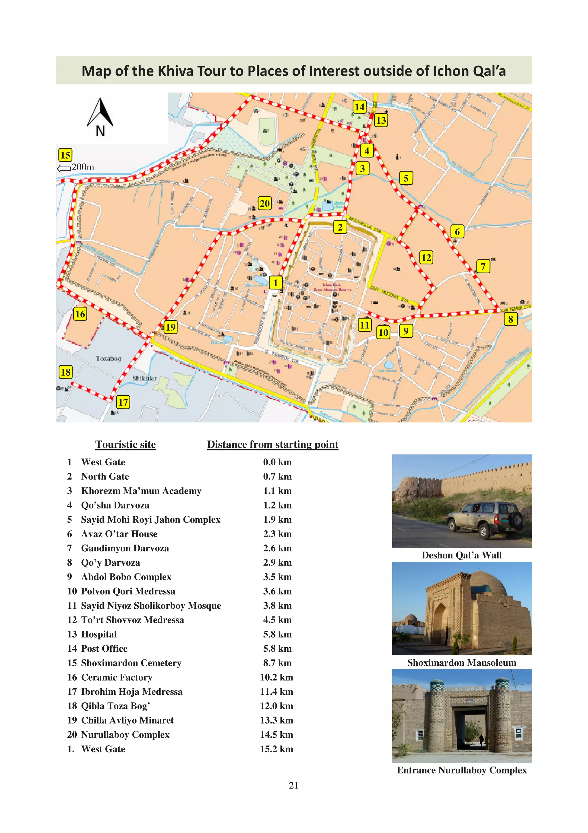 21
Map of the Khiva Tour to Places of Interest outside of Ichon Qal’a
1
2
3
4
13
14
5
6
7
8
910
11
12
19
15
16
17
18
20
200m
Touristic site Distance from starting point
1 West Gate 0.0 km
2 North Gate 0.7 km
3 Khorezm Ma’mun Academy 1.1 km
4 Qo’sha Darvoza 1.2 km
5 Sayid Mohi Royi Jahon Complex 1.9 km
6 Avaz O’tar House 2.3 km
7 Gandimyon Darvoza 2.6 km
8 Qo’y Darvoza 2.9 km
9 Abdol Bobo Complex 3.5 km
10 Polvon Qori Medressa 3.6 km
11 Sayid Niyoz Sholikorboy Mosque 3.8 km
12 To’rt Shovvoz Medressa 4.5 km
13 Hospital 5.8 km
14 Post Office 5.8 km
15 Shoximardon Cemetery 8.7 km
16 Ceramic Factory 10.2 km
17 Ibrohim Hoja Medressa 11.4 km
18 Qibla Toza Bog’ 12.0 km
19 Chilla Avliyo Minaret 13.3 km
20 Nurullaboy Complex 14.5 km
1. West Gate 15.2 km
Deshon Qal’a Wall
Shoximardon Mausoleum
Entrance Nurullaboy Complex
 