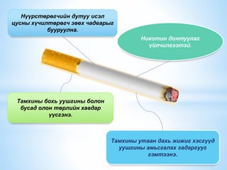 Нүүрстөрөгчийн дутуу исэл
цусны хүчилтөрөгч зөөх чадварыг
бууруулна.
Никотин донтуулах
үйлчилгээтэй.
Тамхины бохь уушгины болон
бусад олон төрлийн хавдар
үүсгэнэ.
Тамхины утаан дахь жижиг хэсгүүд
уушгины амьсгалах гадаргууг
гэмтээнэ.
 