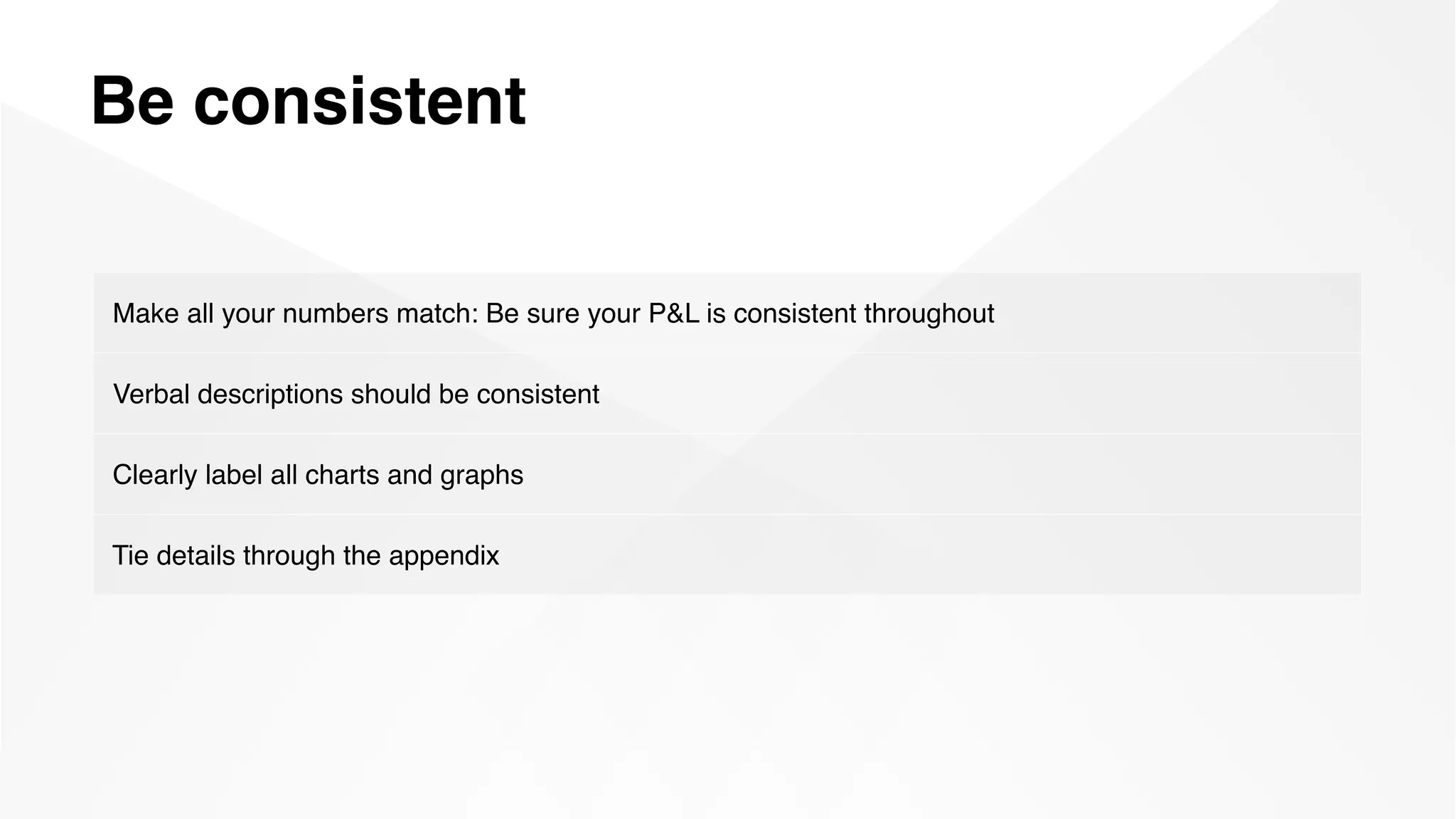 Be consistent
Make all your numbers match: Be sure your P&L is consistent throughout
Verbal descriptions should be consistent
Clearly label all charts and graphs
Tie details through the appendix
 