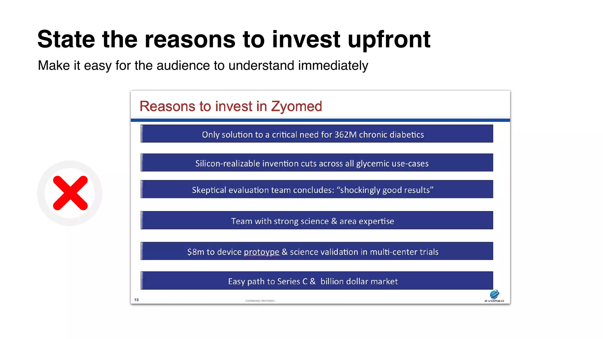 State the reasons to invest upfront
Make it easy for the audience to understand immediately
 